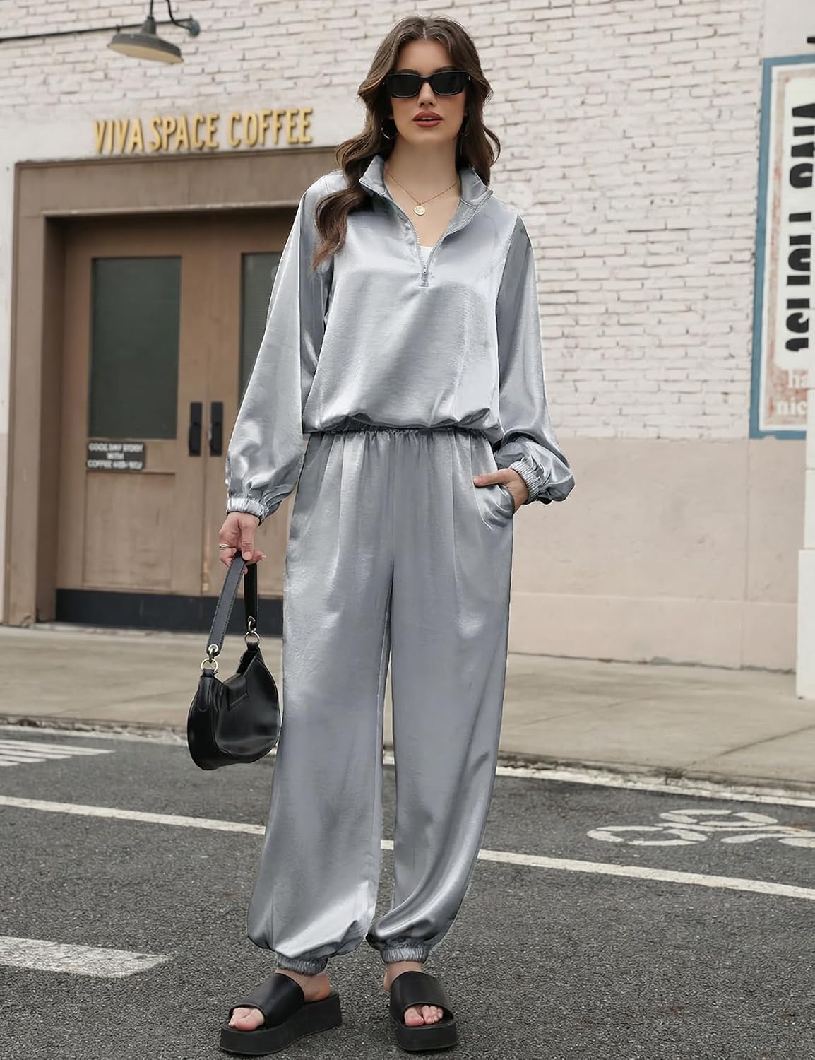 Gihuo Womens Lounge Set Silk Satin Travel Set Silky Sweatsuit Balloon Pants 2 Piece Outfit