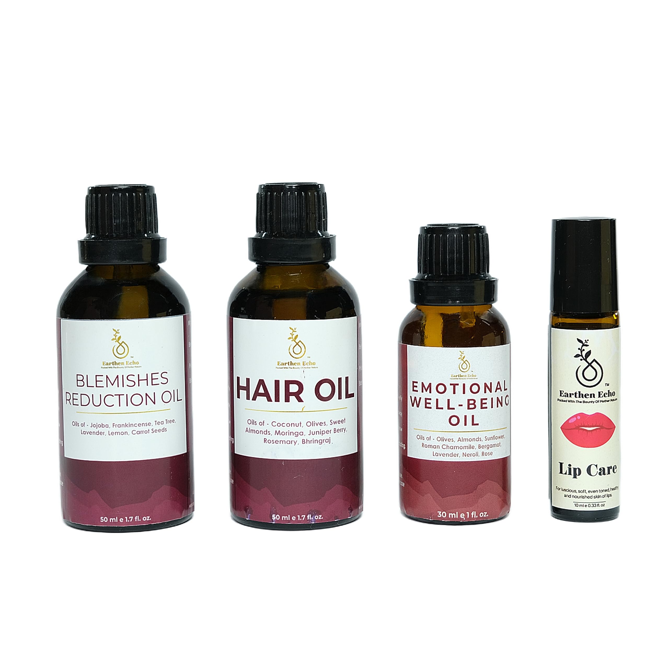 Earthen Echo | Combo of Essential Oils - Emotional Well-Being, Blemishes Reduction, Hair Care, Lip Care | Natural Skincare | Ideal for Gifting | All Skin Types | Men & Women
