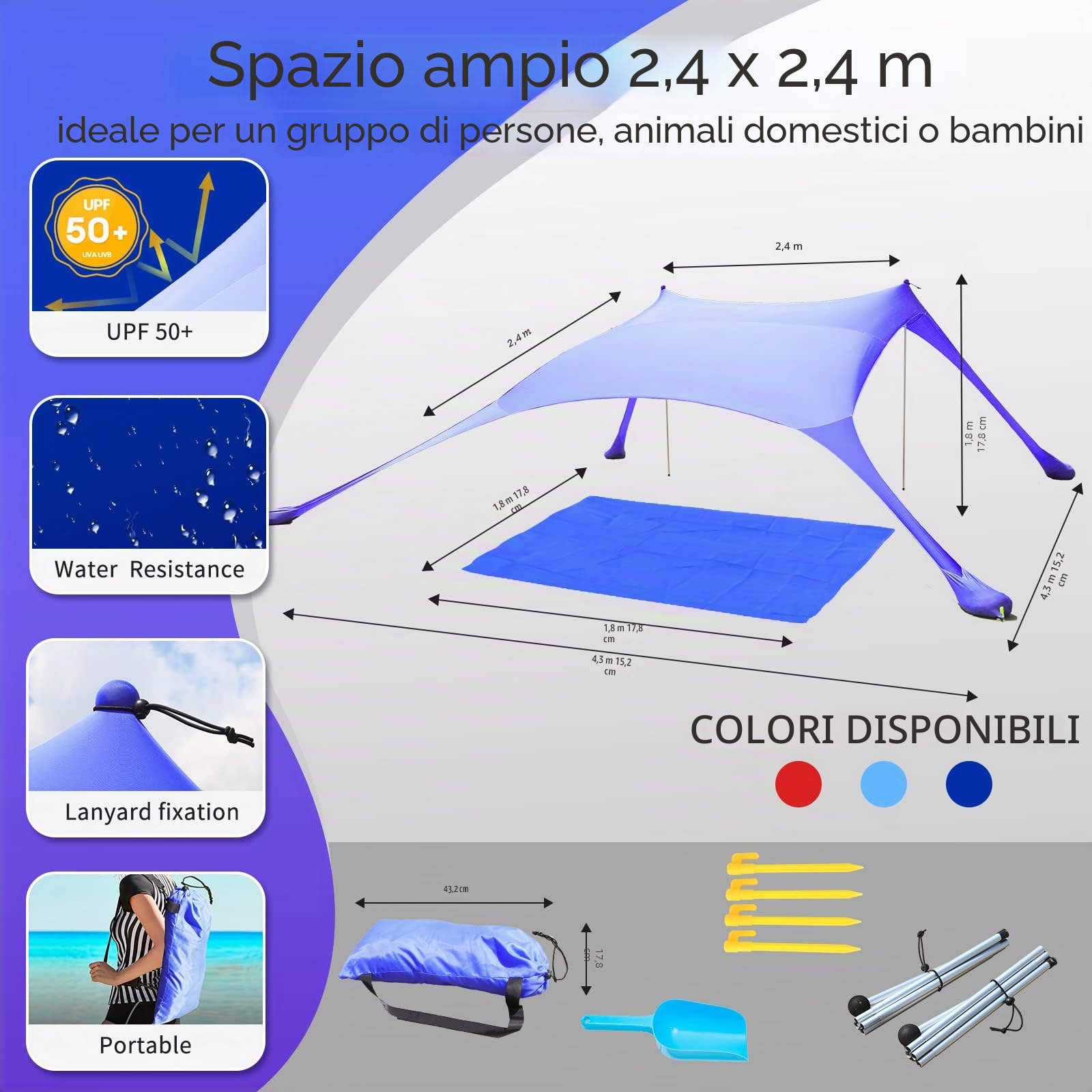 Tenda da spiaggia UPF50+, protezione UV, piccola tenda da sole per esterni, con 2 pali per campeggio, spiaggia, pesca, cortile e picnic