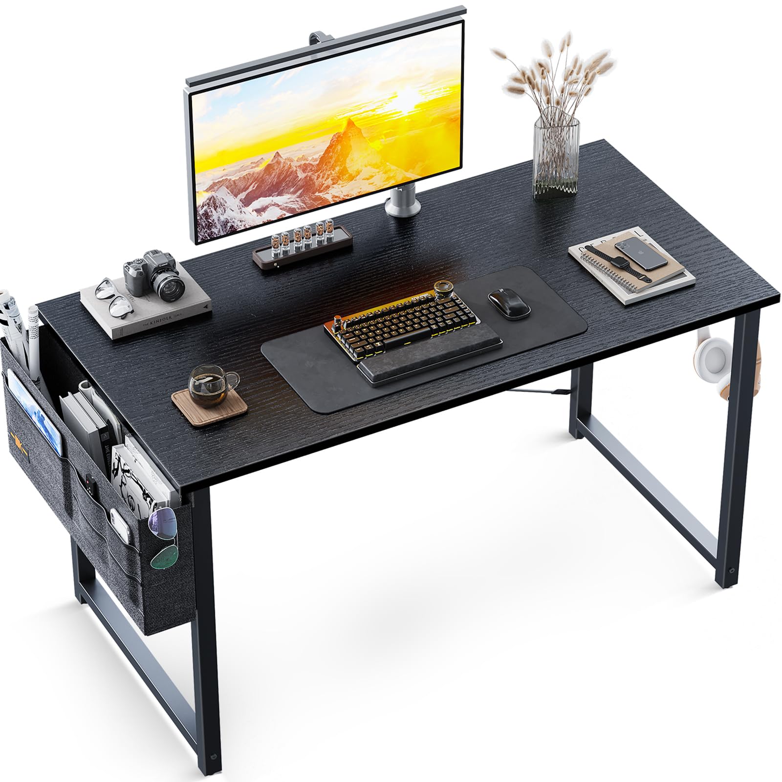 ODK Study Computer Desk 40 inch Home Office Writing Small Desk, Modern Simple Style PC Table with Storage Bag and Headphone Hook, Black