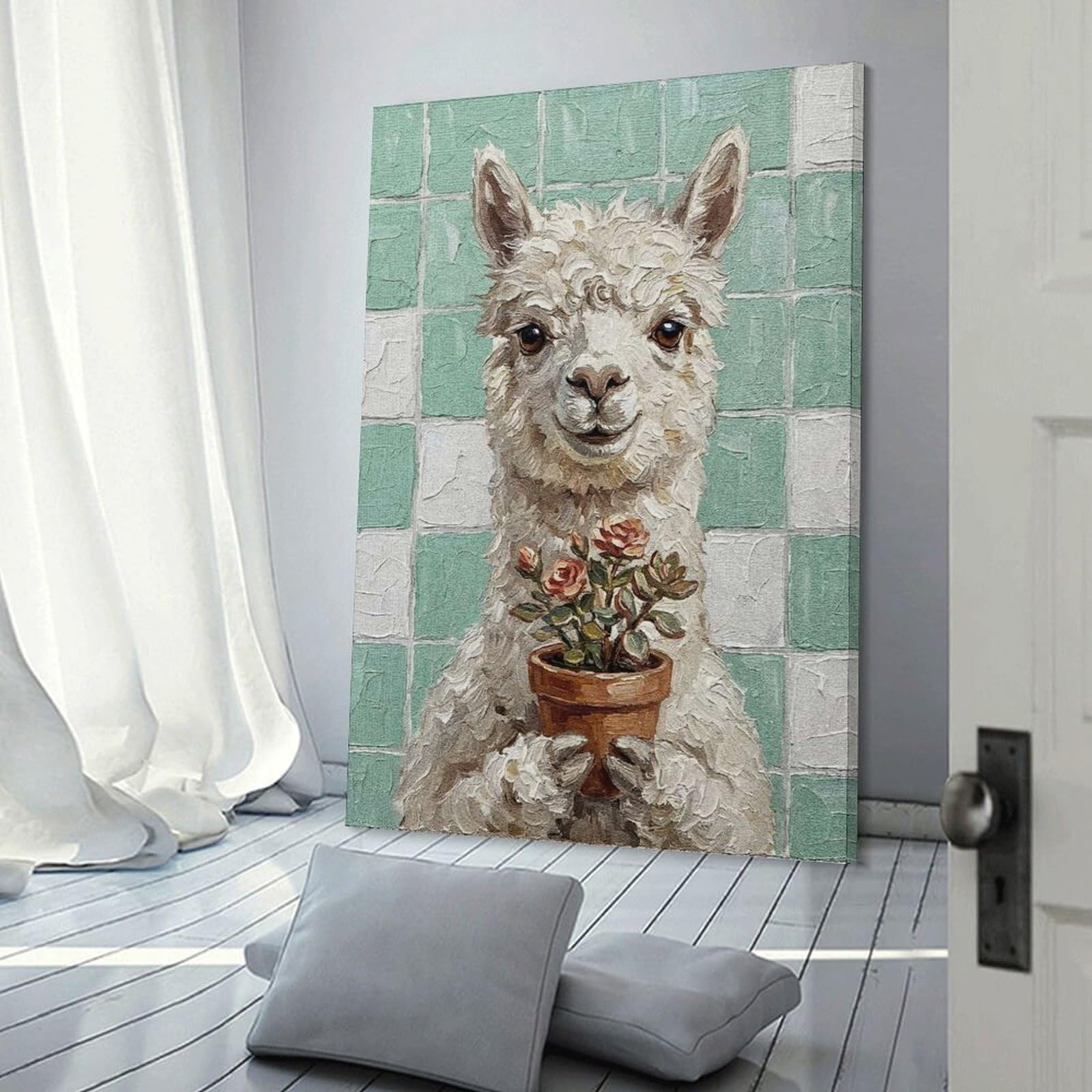 Junmoney Frame-Style-1 Llama With Flowers Painting Canvas Wall Art, 20X30inch(50X75cm), For Living Room, Bedroom Or Apartment Walls, Decorative Artwork For Empty Walls