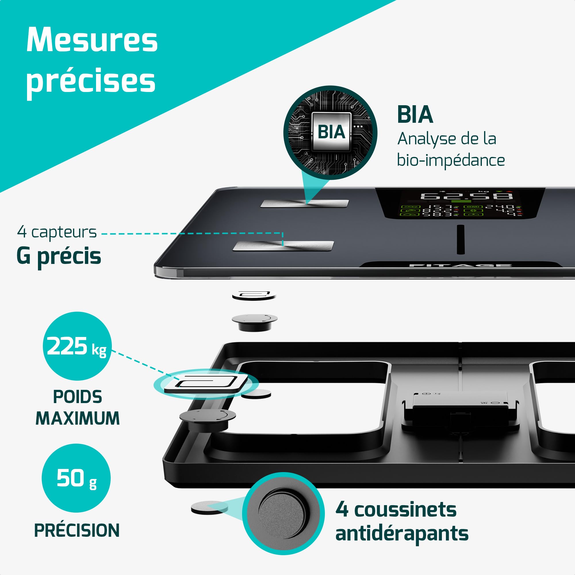 Balance Pese Personne Numérique, Balance Connectée, Pèse Personne fiable et précis, Graisse, Masse musculaire, IMC, poids, protéines, BMR et plus Balance Impédancemètre avec grand écran LED - Noir