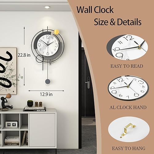 Miniatura 4 de FLEBLE Relojes de pared modernos para decoración de sala de estar, reloj de pared de péndulo grande, funciona con pilas, sin tictac, silencioso para