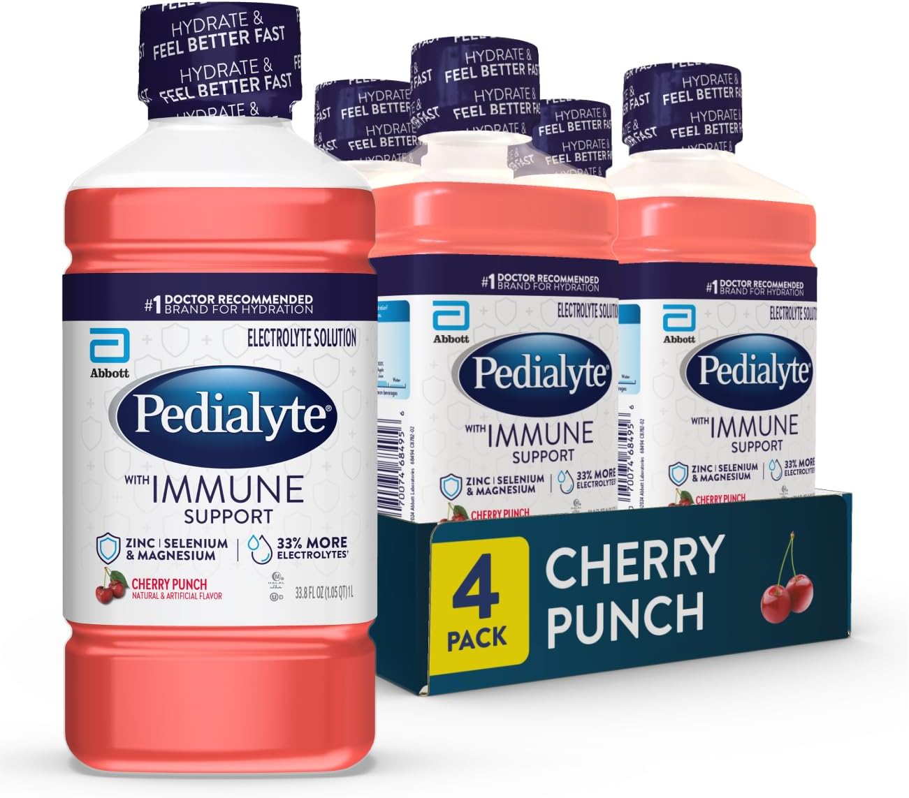 with Immune Support, Cherry Punch, Electrolyte Hydration Drink with Zinc, Selenium, and Magnesium, 33.8 Fl Oz (Pack of 4)