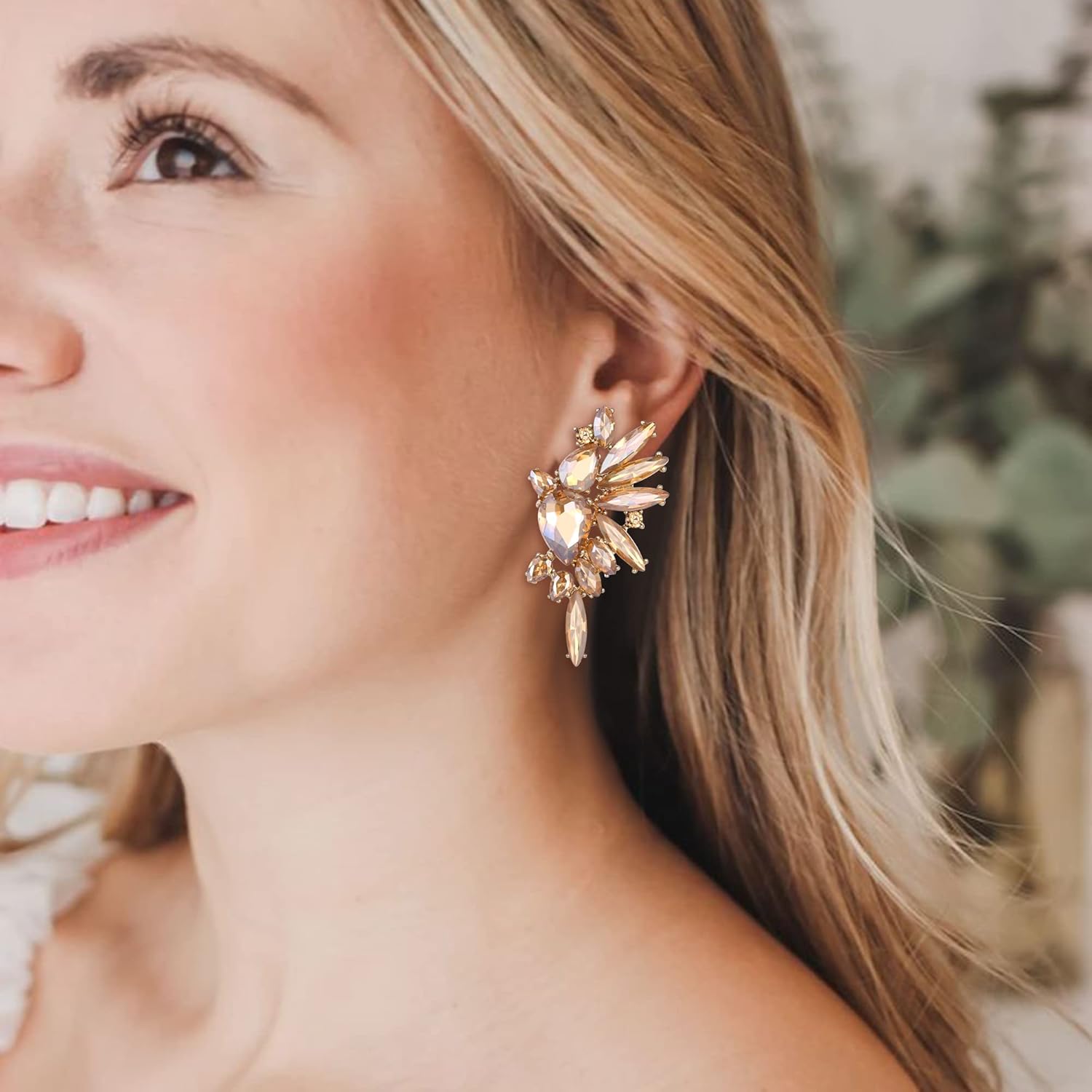 EVER FAITH Vintage Rhinestone Statement Earrings, Fashion Bling Colorful Marquise Drop Crystal Cluster Dangle Clip-on Earrings for Women - Image 2