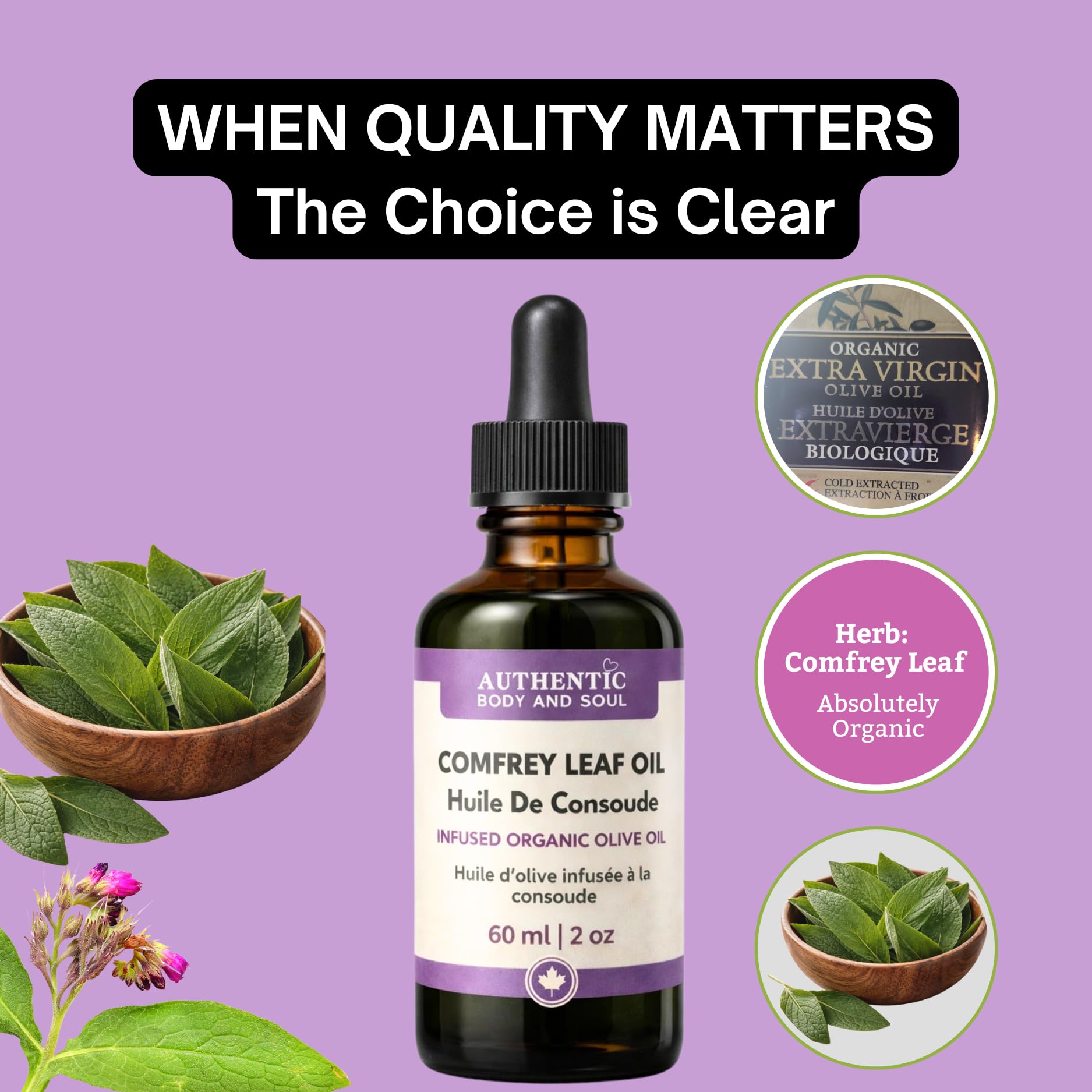 Comfrey Leaf Oil – Undiluted 2 oz, Premium Comfrey Herbal Infused Organic Cold-Pressed Extra-Virgin Olive Oil for Skin, Body & Massage Infusion, Natural Moisturizer | External Use Herbal Blend | Symphytum Officinale | Slow-Infused Botanicals | Authentic Body And Soul - 2