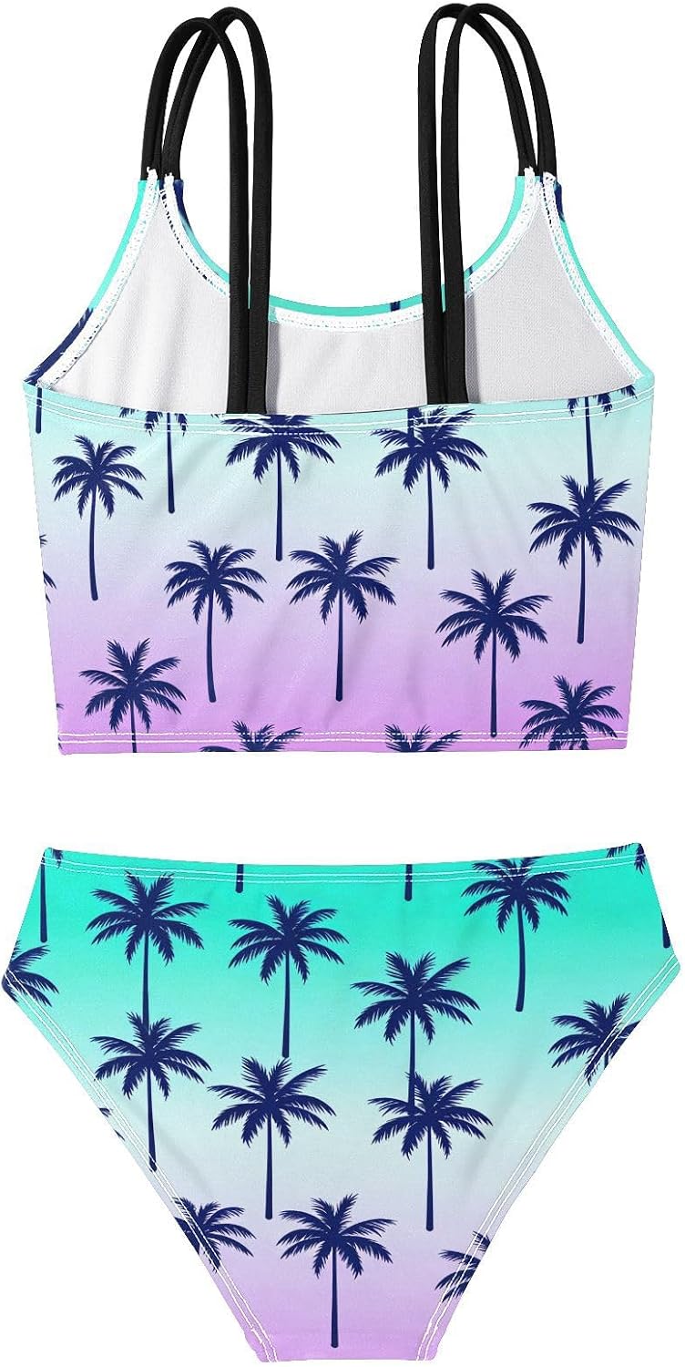 Girls Two Piece Swimsuits Purple Teal Palm Tree Bikini Set Swimwear Kids Bathing Suit for Girls 5-12 Years