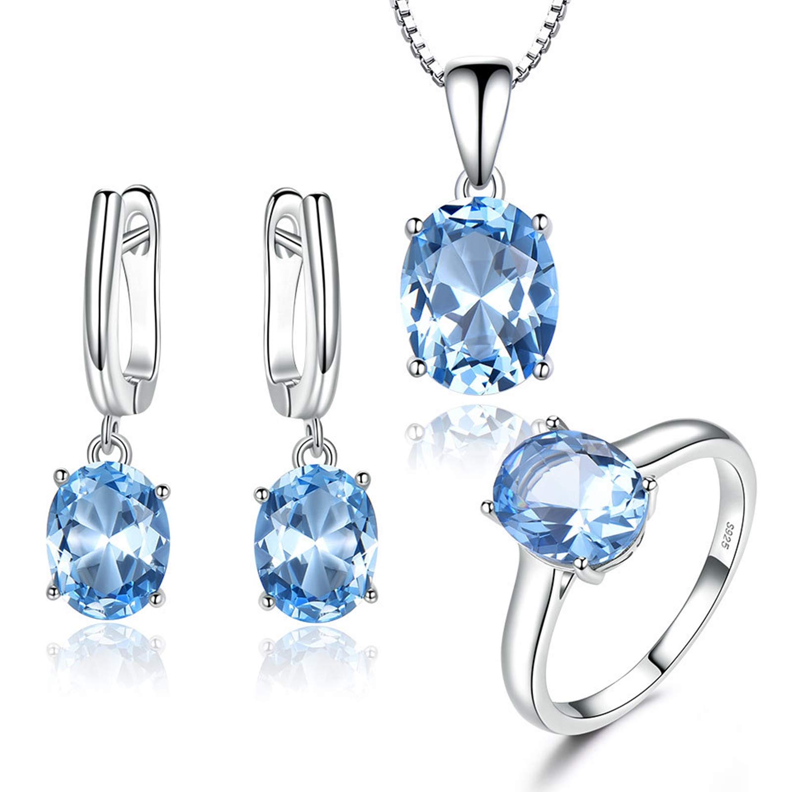 KnSam Damen Ring, Halskette Silber Mädchen Ovel Elegant Hochzeit Schmuckset Aus 925 Silber Für Damen Frau Mit Erstellt Blau Topas Blau