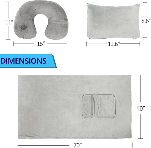 Miniatura 2 de Juego de manta y almohada de viaje  Almohada inflable para el cuello de viaje con funda suave lavable, manta suave de avión de primera calidad con