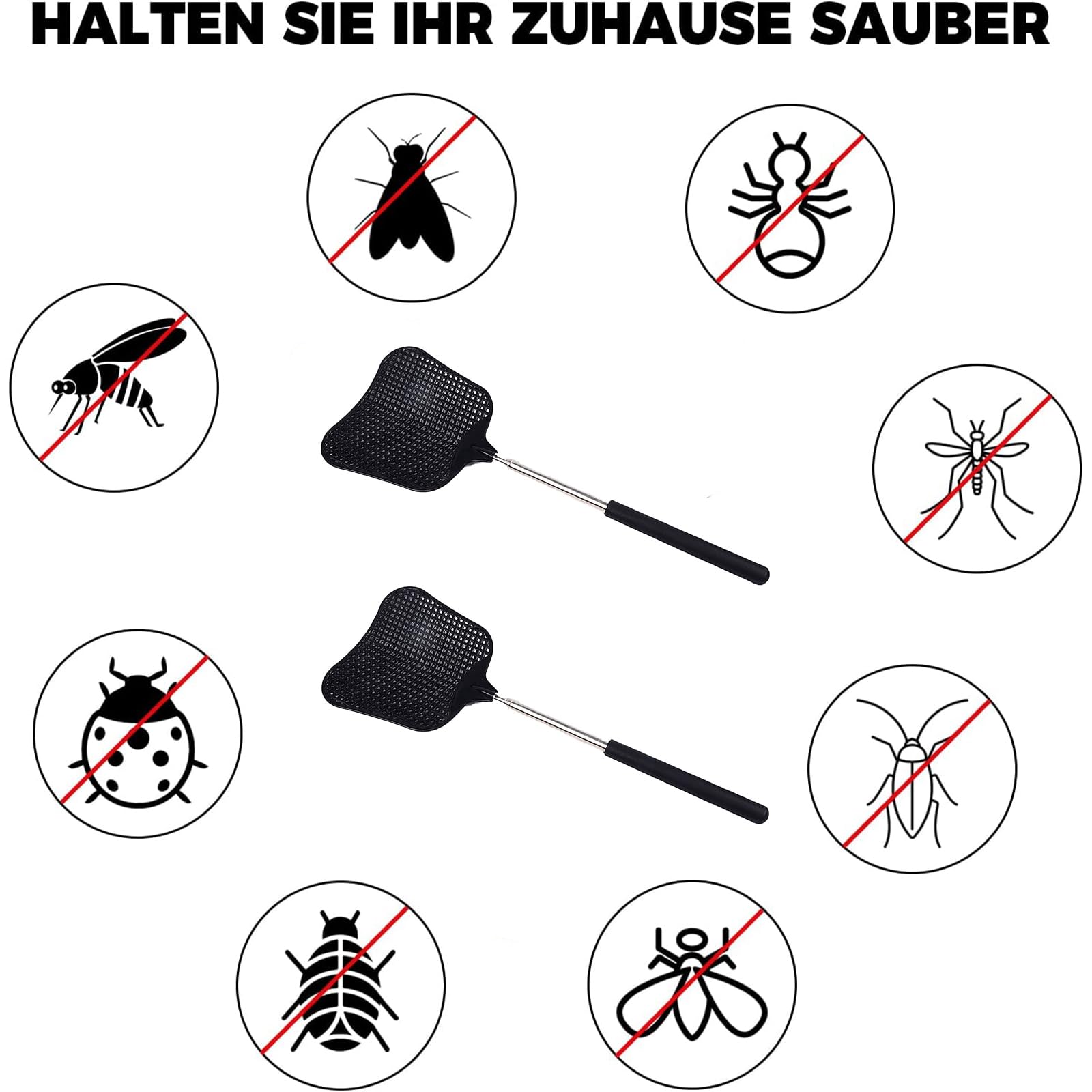 2 sztuki wysuwanej łapki na muchy, 4 sekcje ze stali nierdzewnej, wysuwana, teleskopowa łapka na muchy, ręczna siatka na muchy, czarna