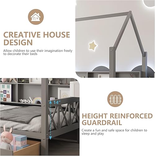 Miniatura 4 de HUMEHA Cama individual para niños, cama de plataforma con cabecera y 2 cajones, marco de cama Montessori con barandillas y listones de madera, cama