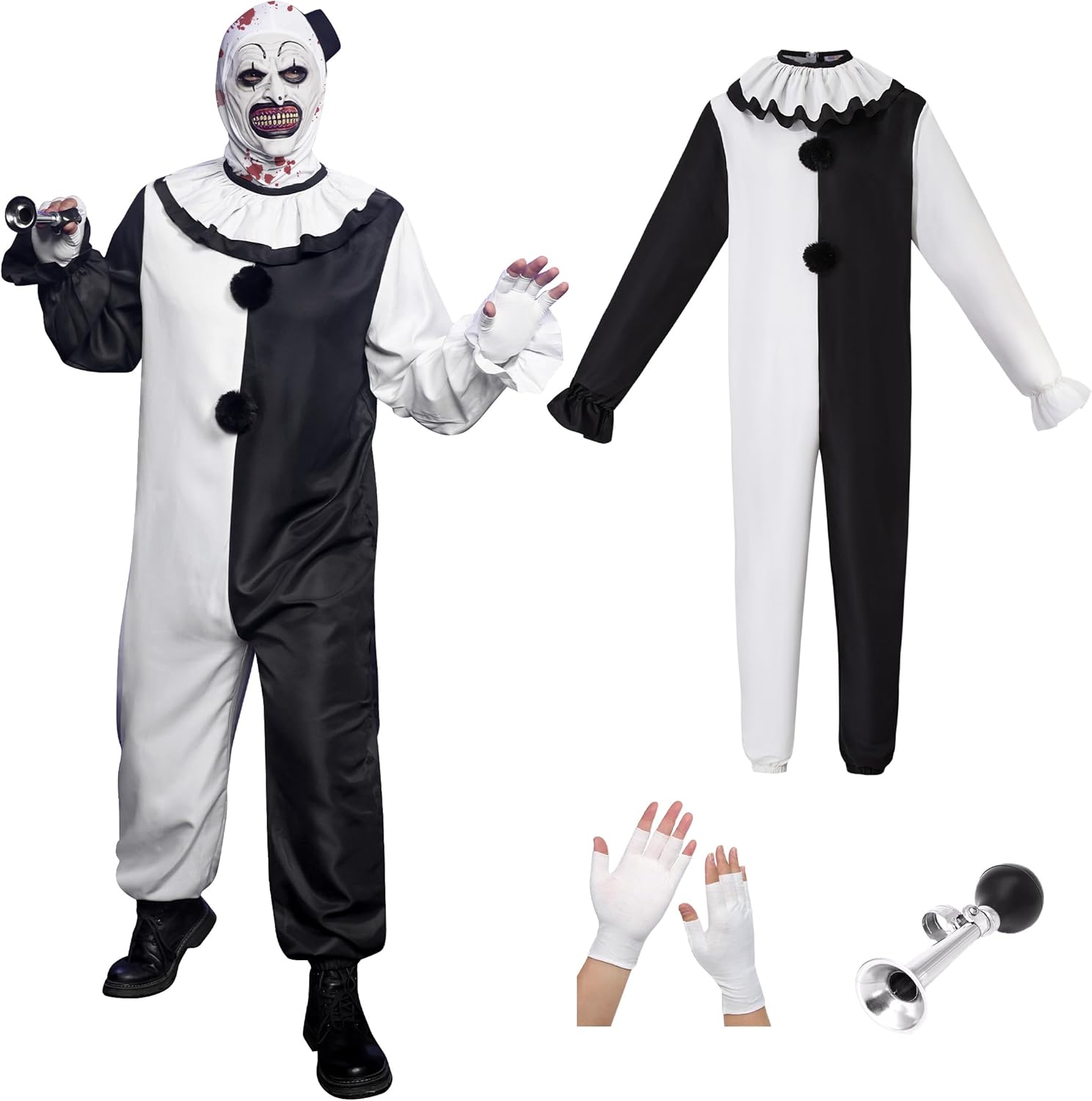 Mainfini 3 Pcs Men's Art Clown Costume Scary Killer Jumpsuit with Gloves Metallic Horn No Mask (S-3XL)