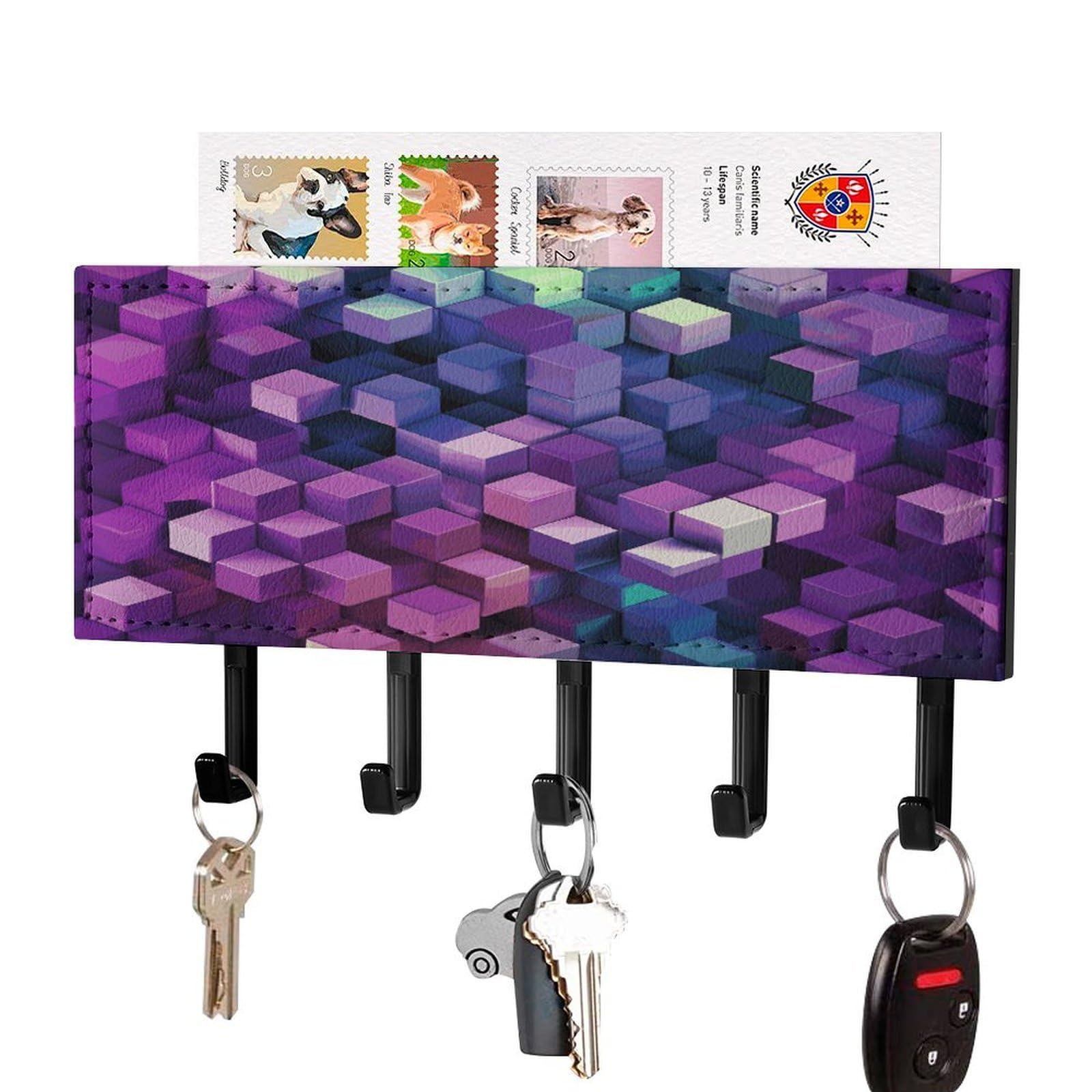 Cubos de colores abstractos morados para llaves de pared con organizador de cartas sin taladro