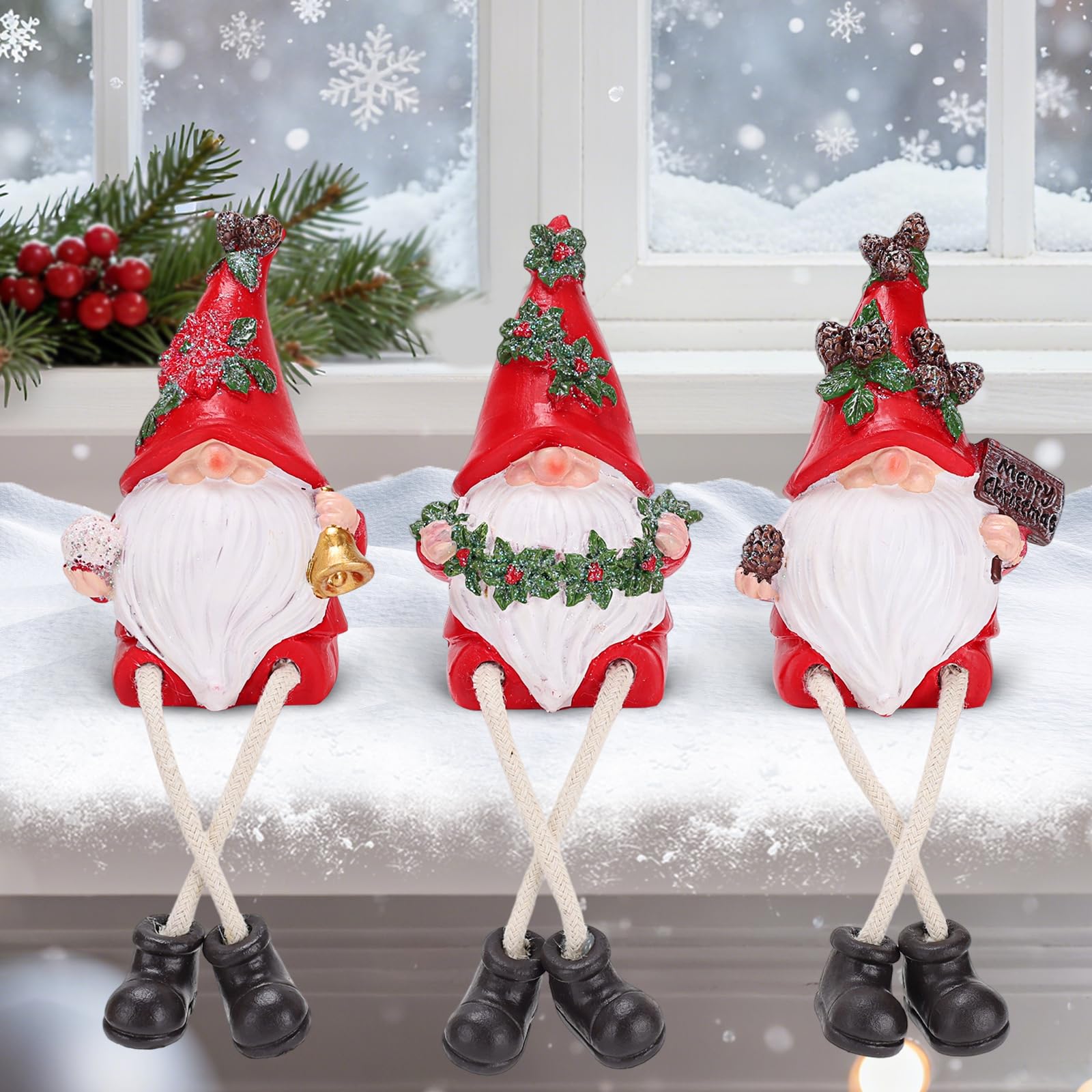 Homiton Christmas Figurines, Set of 3 Resin Christmas Gnomes Shelf Sitters with Dangling Legs, Xmas Table Fireplace Figurines Ornament for Home Indoor Holiday Decorations (Gnomes)