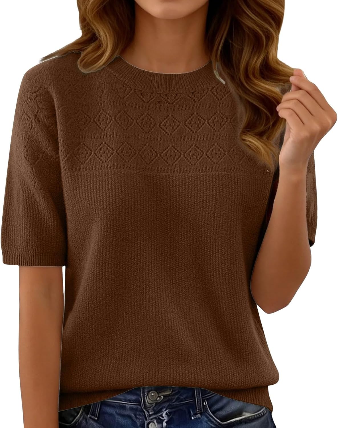Short Sleeve Pullover Fashion Crew Neck Knitted Shirt Elegant Lightweight Short Sleeve Summer