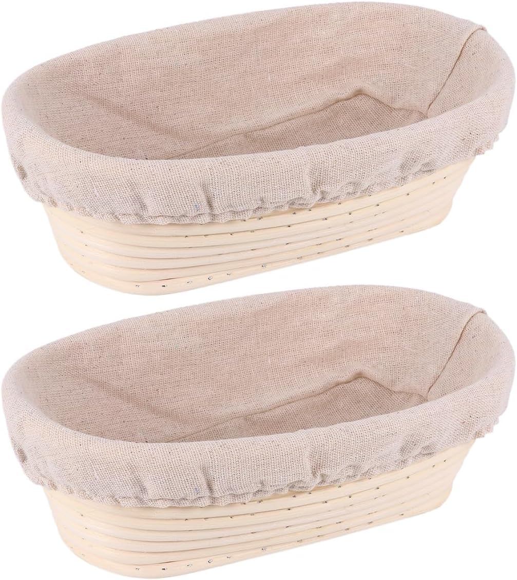 Banneton Proofing Basket Set 2 Oval 25X15X8Cm Natural Rattan Sourdough Bread Fermentation Basket with Fabric Liners for Home Baking
