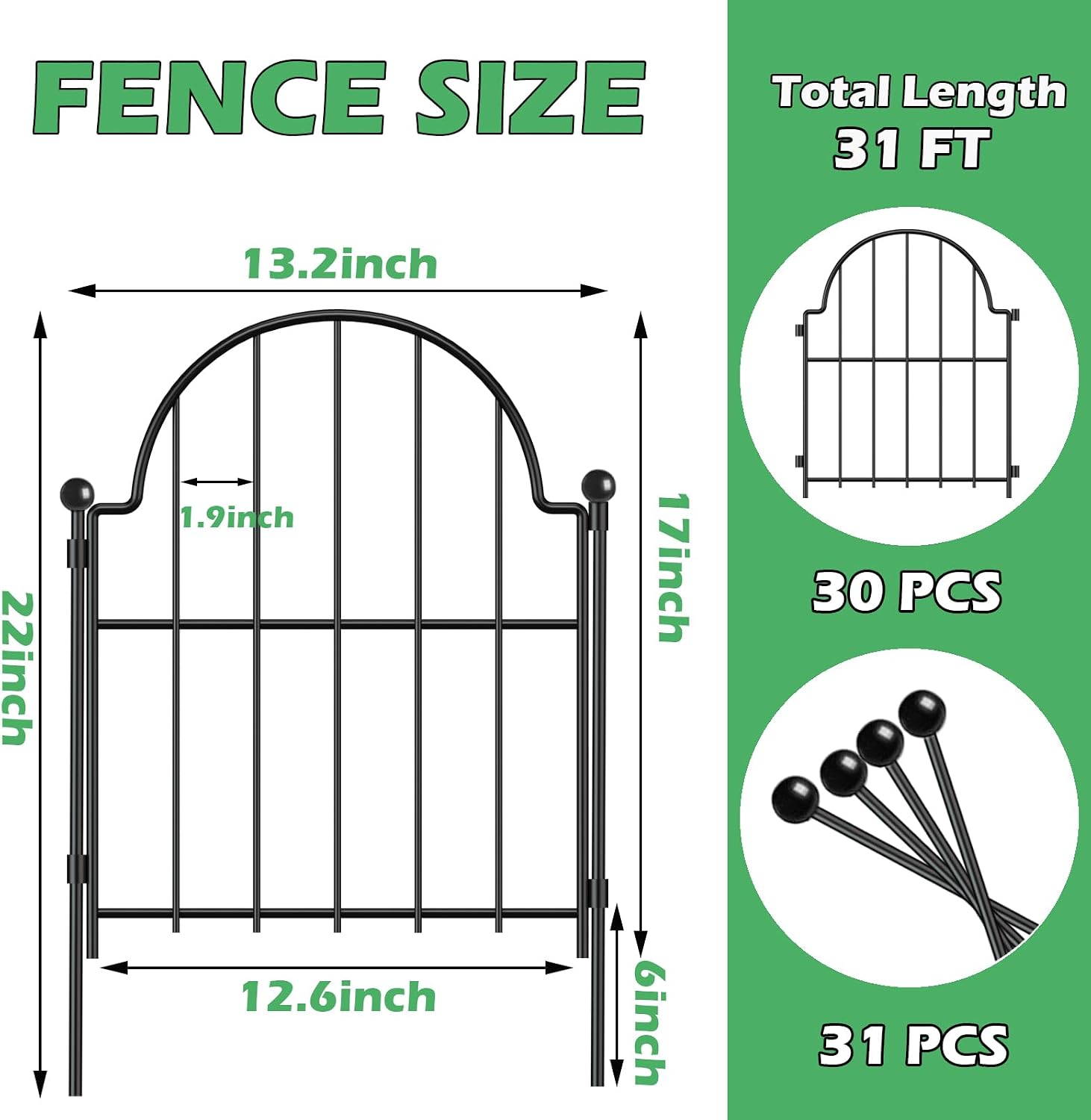 30 Pack Decorative Garden Fence, 17in (H) x 32ft (L), with Ground Stake image 2