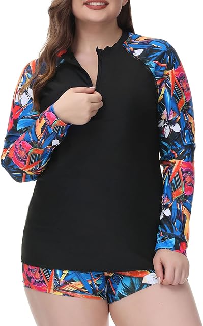 Hanna Nikole Women's Plus Size 2 Piece Rash Guard Zipper Long Sleeve Swimsuit Shirt with Bottom UPF 50+