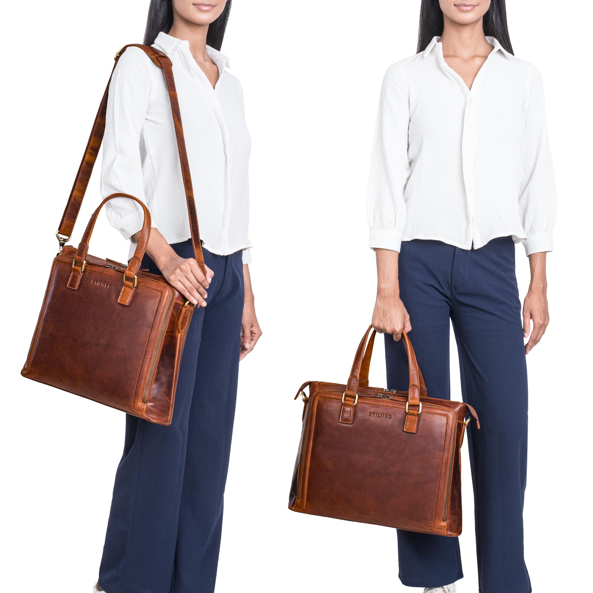 STILORD "Claire Bolso de Negocios Mujer Cuero Genuino 15 Pulgadas | Maletín | Bolsa para Portátil DIN A4 | Bolso de Hombro y de Mano para Oficina Color:kara - cognac
