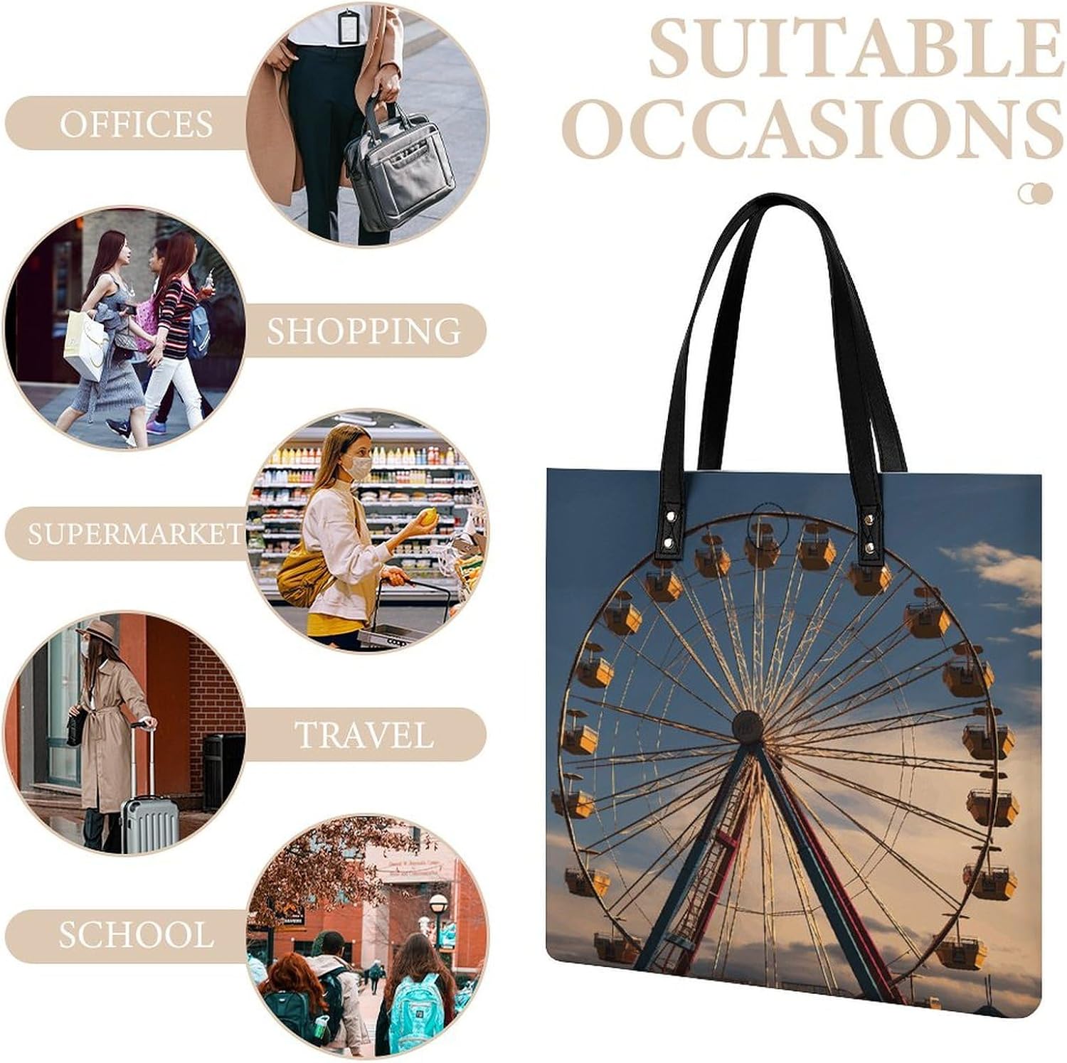 Ferris Wheel Tote Bag with Magnetic Buckle Reusable Grocery Bags Lightweight Cross Body Handbag for Daily Essentials