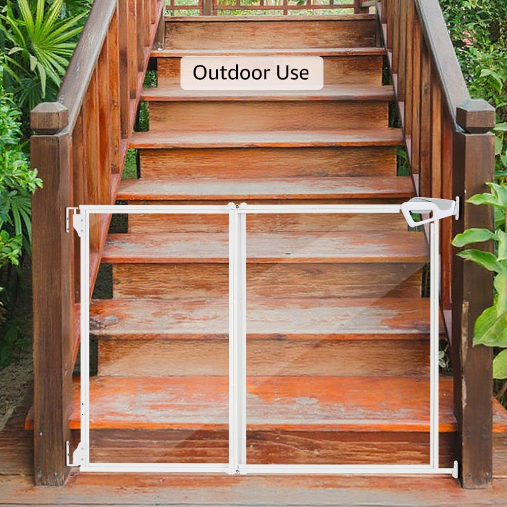 beeNbkks Clear Dog Gate, No Bottom Bar Pet Safety Gate for Doorways Hallways Stairs, Walk Thru Design with One-Hand Dual Swing Door, Indoor and Outdoor Use, Adjustable 28" to 43.5" Wide, 30" Tall