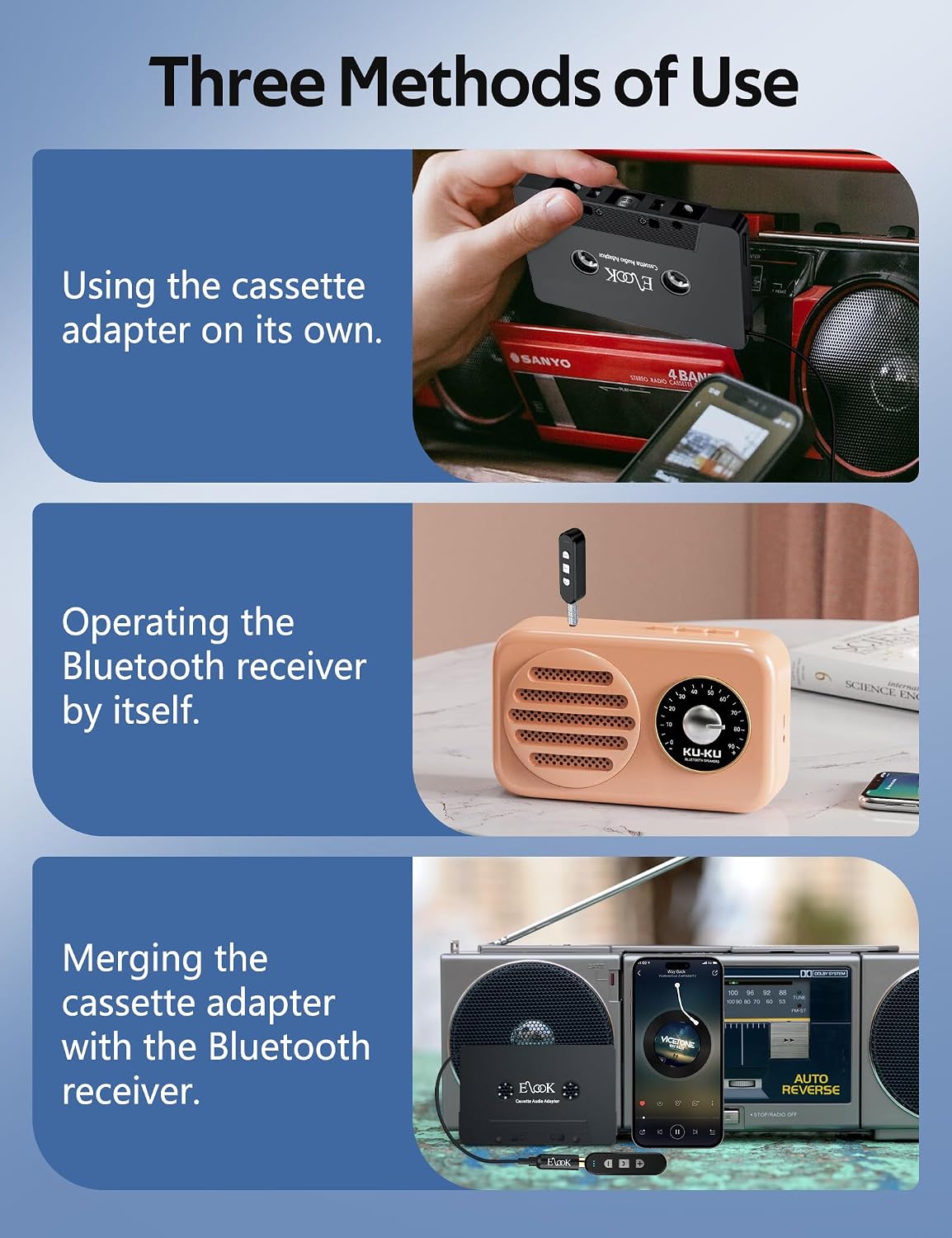Elook Cassette to Bluetooth Adapter for Car, 5.1 Bluetooth Receiver Kit for Cassette Aux Adapter with 3.5 MM Auxillary Cable, Black