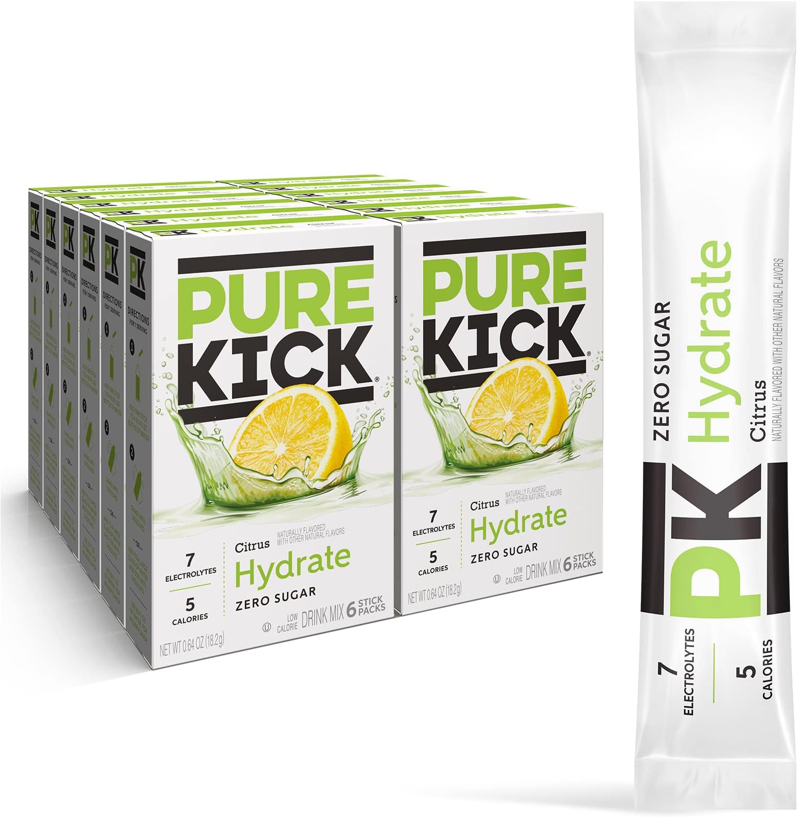PURE KICK Hydration Singles To Go Drink Mix, Citrus, Includes 12 Boxes with 6 Packets in each Box, 72 Total Packets