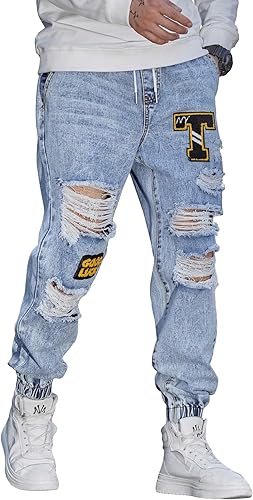 WDIRARA Pantalones vaqueros rasgados con letras rasgadas para hombre, con cremallera deshilachada, pantalones de mezclilla largos de pierna recta,