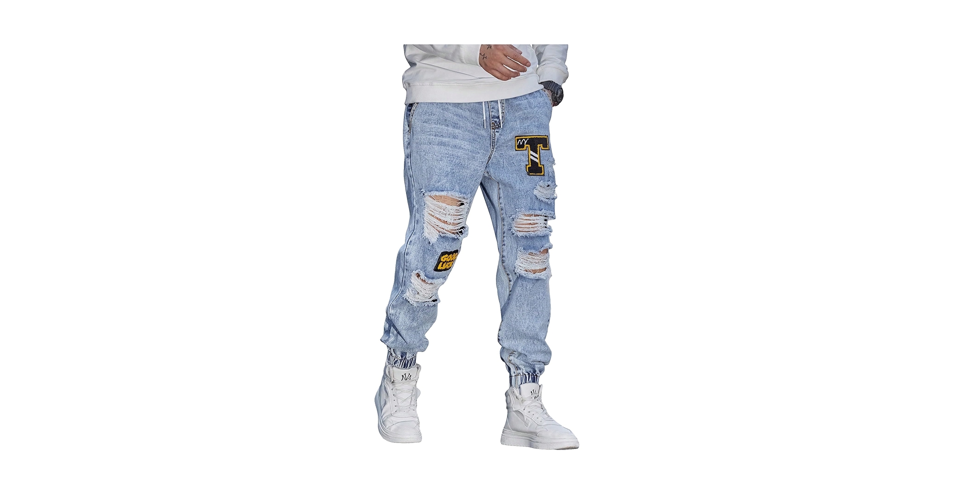 WDIRARA Men's Cut Out Ripped Letter Patched Jeans Frayed