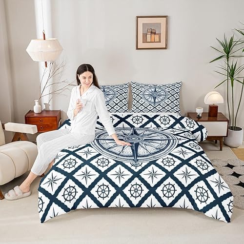 Miniatura 5 de Juego de edredón de brújula náutica, ropa de cama tamaño Queen, ropa de cama de cuadrícula geométrica azul marino para niños, adolescentes y