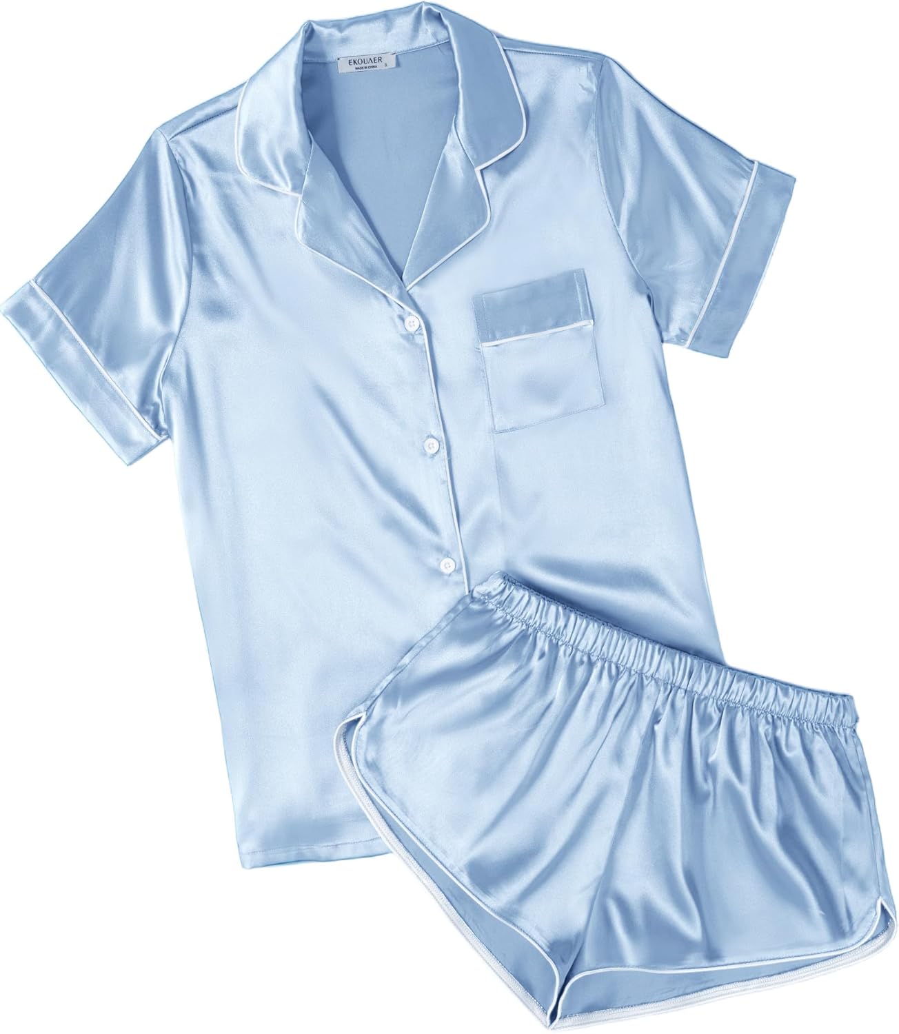 Ekouaer Womens Silk Satin Pajamas Short Sleeve Sleepwear Soft Button Down Loungewear 2 Piece PJS Shorts Set S-5XL