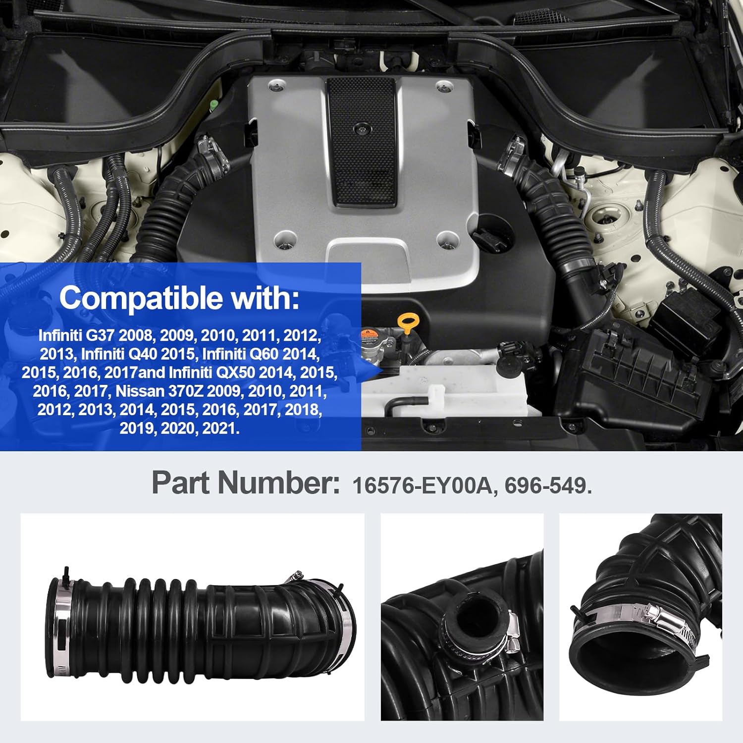 Engine Hose Compatible with Infiniti G37 2008-2013, Infiniti Q40 2015, Q60 2014-2016 and QX50 2014-2017, Nissan 370Z 2009-2021 Part Numbers 16576-EY00A 696-549