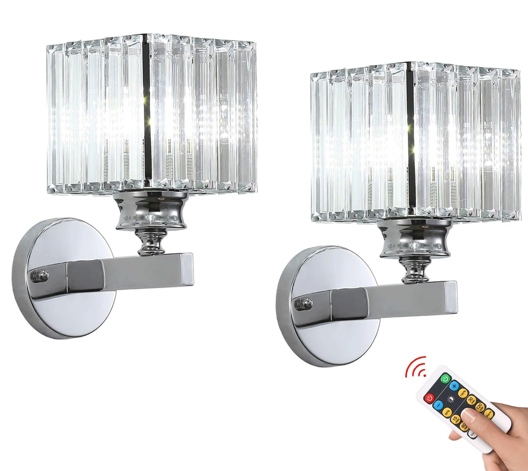 Set di 2 lampade da parete senza fili a batteria, dimmerabili, in cristallo, ricaricabili, per bagno e camera da letto