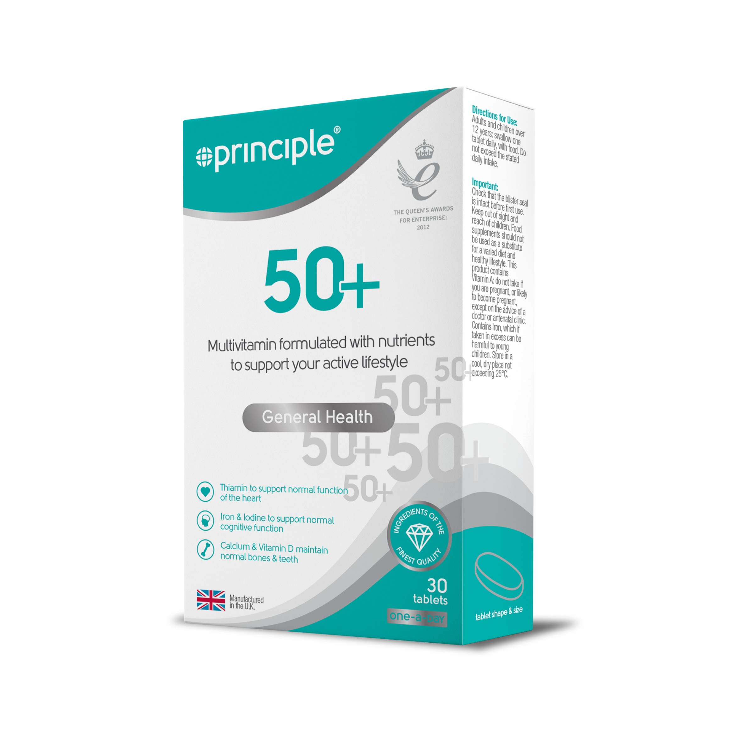 Principle 50+ | 50 Plus Multivitamin 30 Tablets | One a Day | Contains 100% Vitamin C, B12 & D | Made in England by Principle Healthcare