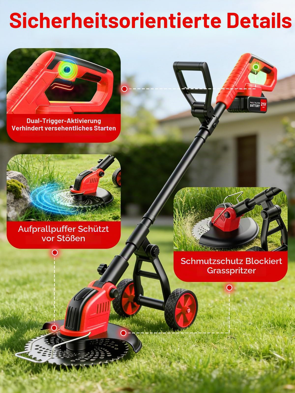 30CM Rasentrimmer mit Akku, Akku Rasentrimmer mit 2 × 3.0Ah Akku& Ladegerät, 20000U/min 4 Klingentypen, Akku Freischneider mit Abnehmbaren Rädern für kleine bis Mittelgroße Gärten Trimmen