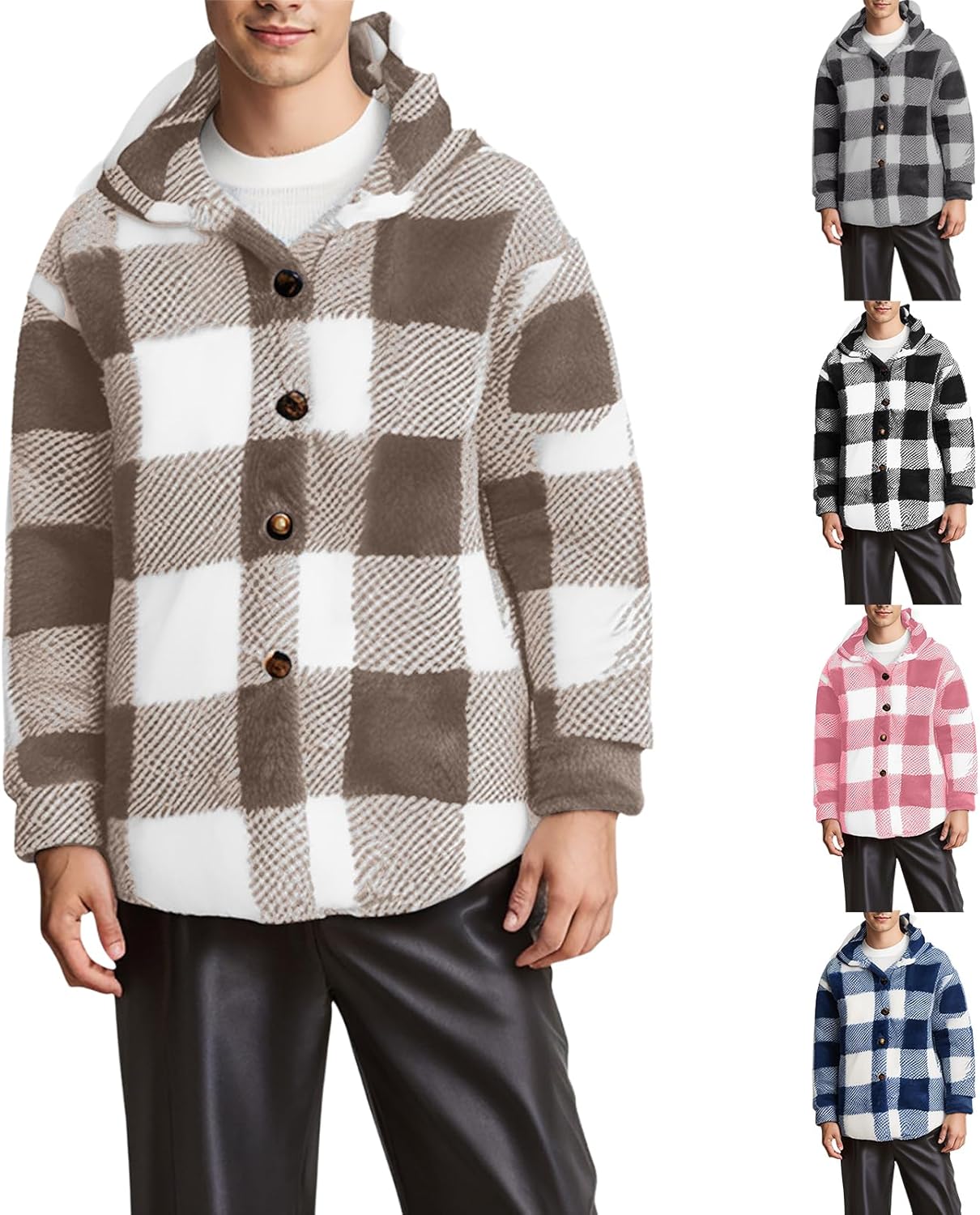 Mens Sherpa Lined Plaid Flannel Button Up Jacket Fall Winter Fleece Coat Warm Casual Shirt Jackets with Pockets