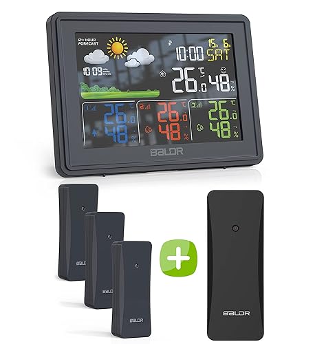 BALDR Estación meteorológica para el hogar y termómetro para interiores y exteriores con 3 sensores remotos inalámbricos y sensor remoto inalámbrico