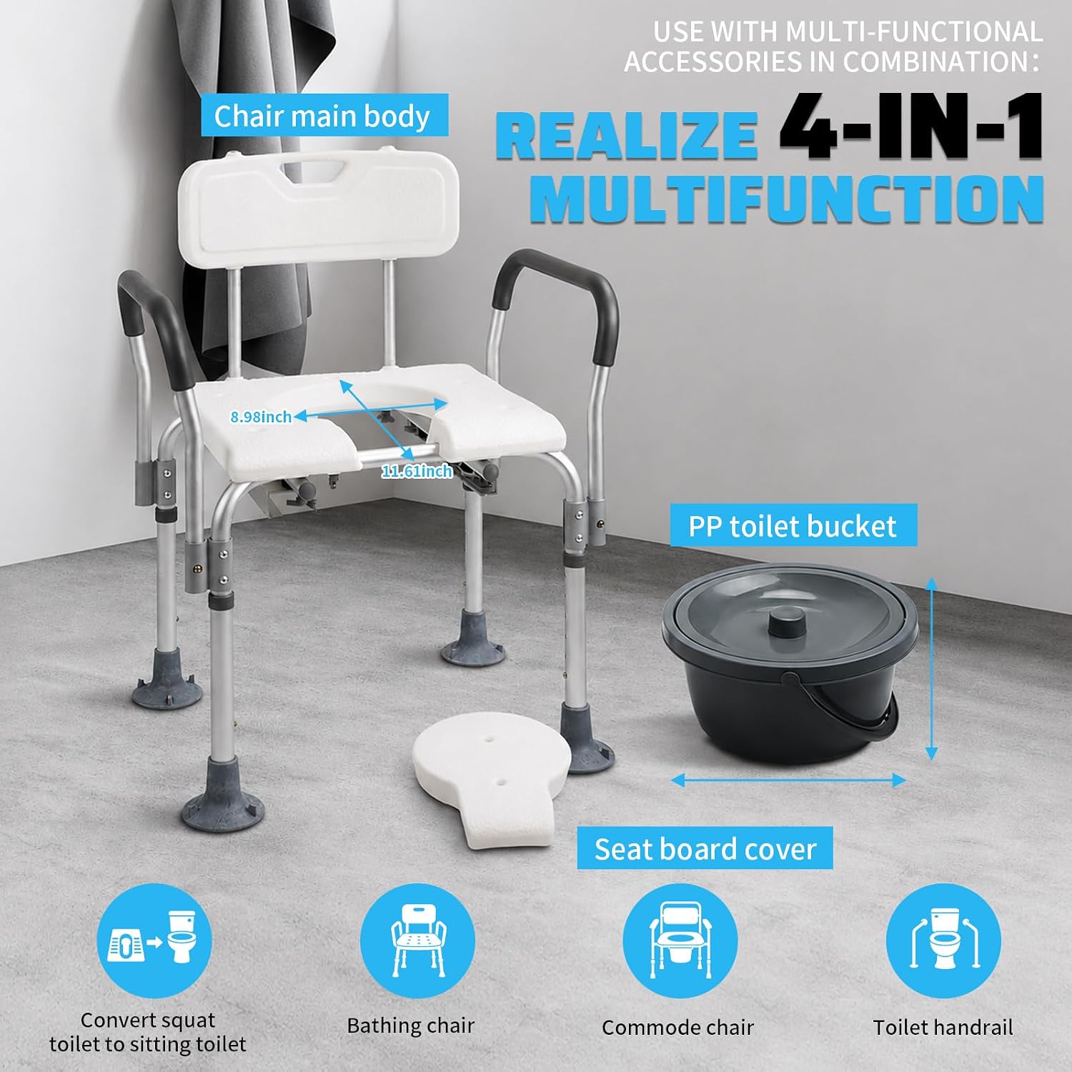 Bedside Commode, Aluminum Shower Chair with Detachable Commode, Height-Adjustable Portable Toilet Suitable for Adults and the Elderly, 500 lb Weight Capacity