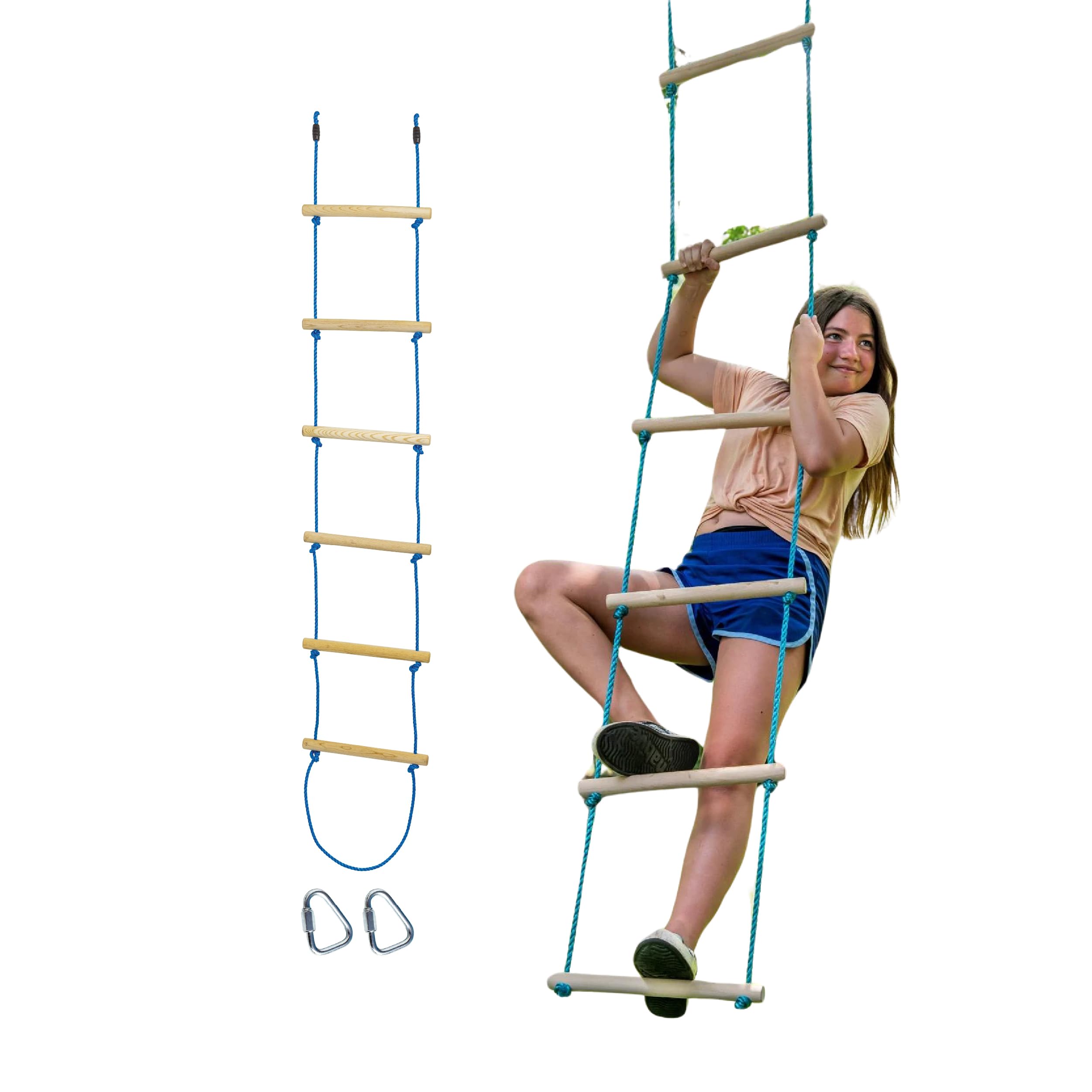 Photo 1 of Trelines 7 ft. Wooden Climbing Rope Ladder - Kids Ninja Warrior Obstacle Course Accessory - Perfect for Enhancing a Ninja Slackline, Tree Branch, Swing Set Kit - Tree Play Equipment - Ages 5+ 250 lbs.