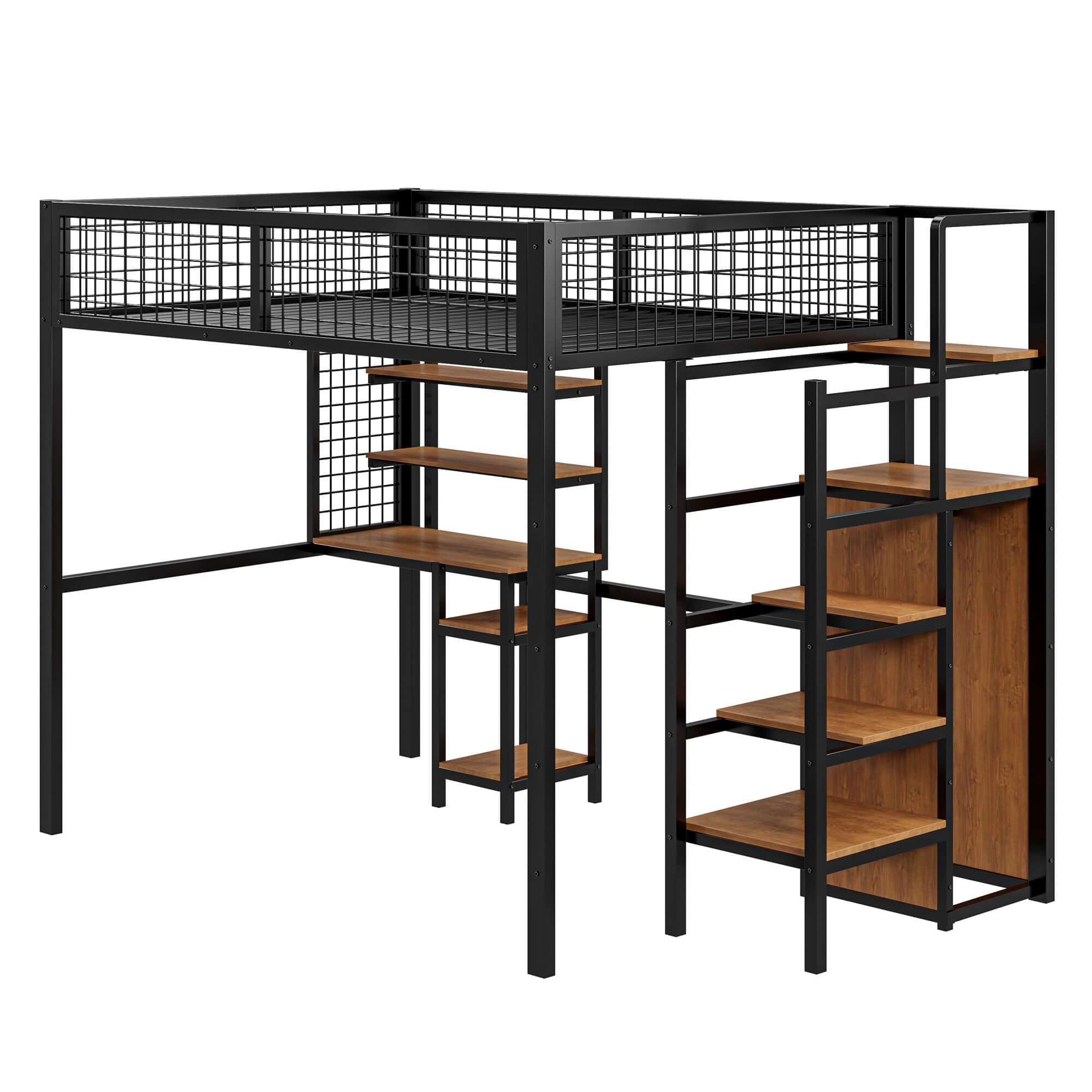 Metalen Hoogslaper - 140 X 200 Cm - Met Bureau Opbergruimte Kledingkast Led Verlichting Mdf Metaal Zwart