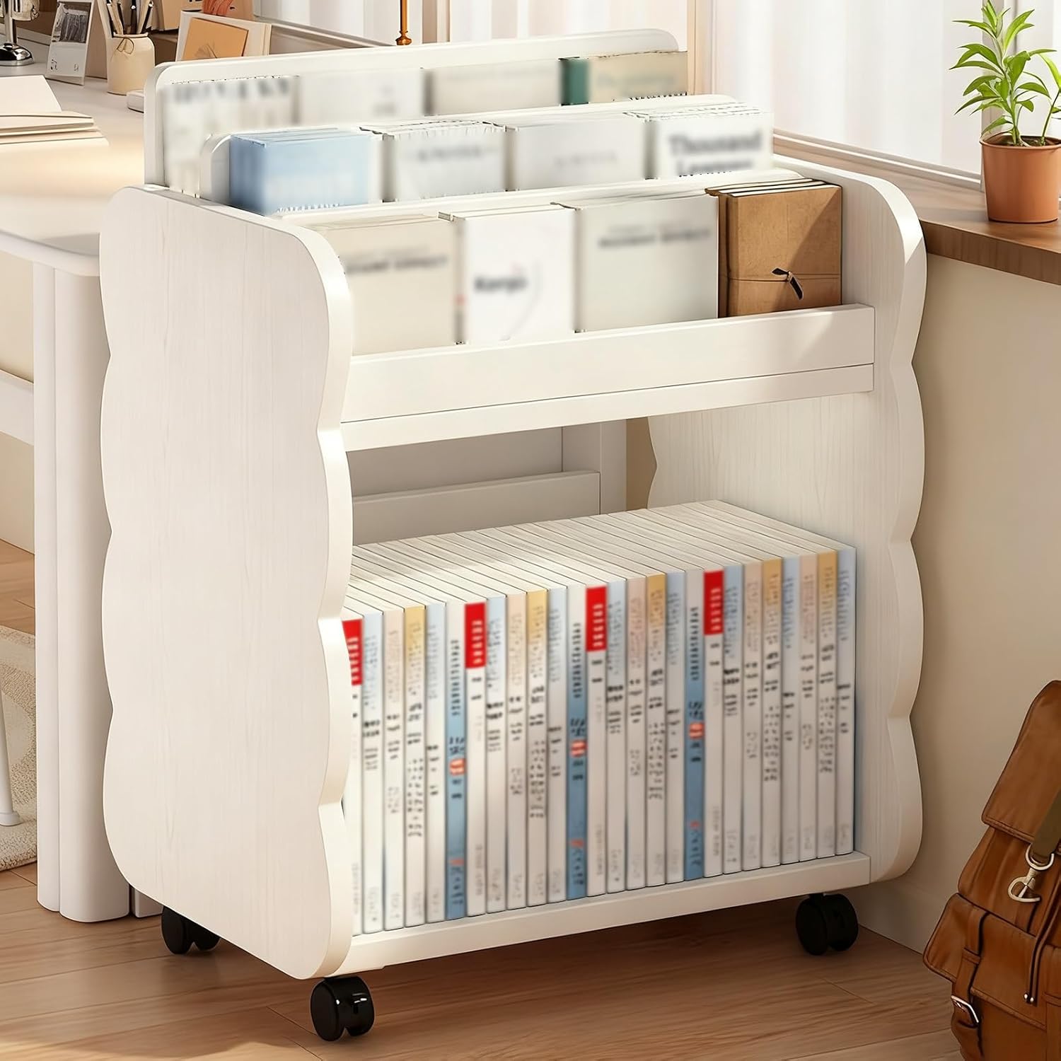 Wood Rolling Book Cart with Wheels，2 Tier Under Desk Utility Library Cart，for Home Shelves Office School Book Truck(White)