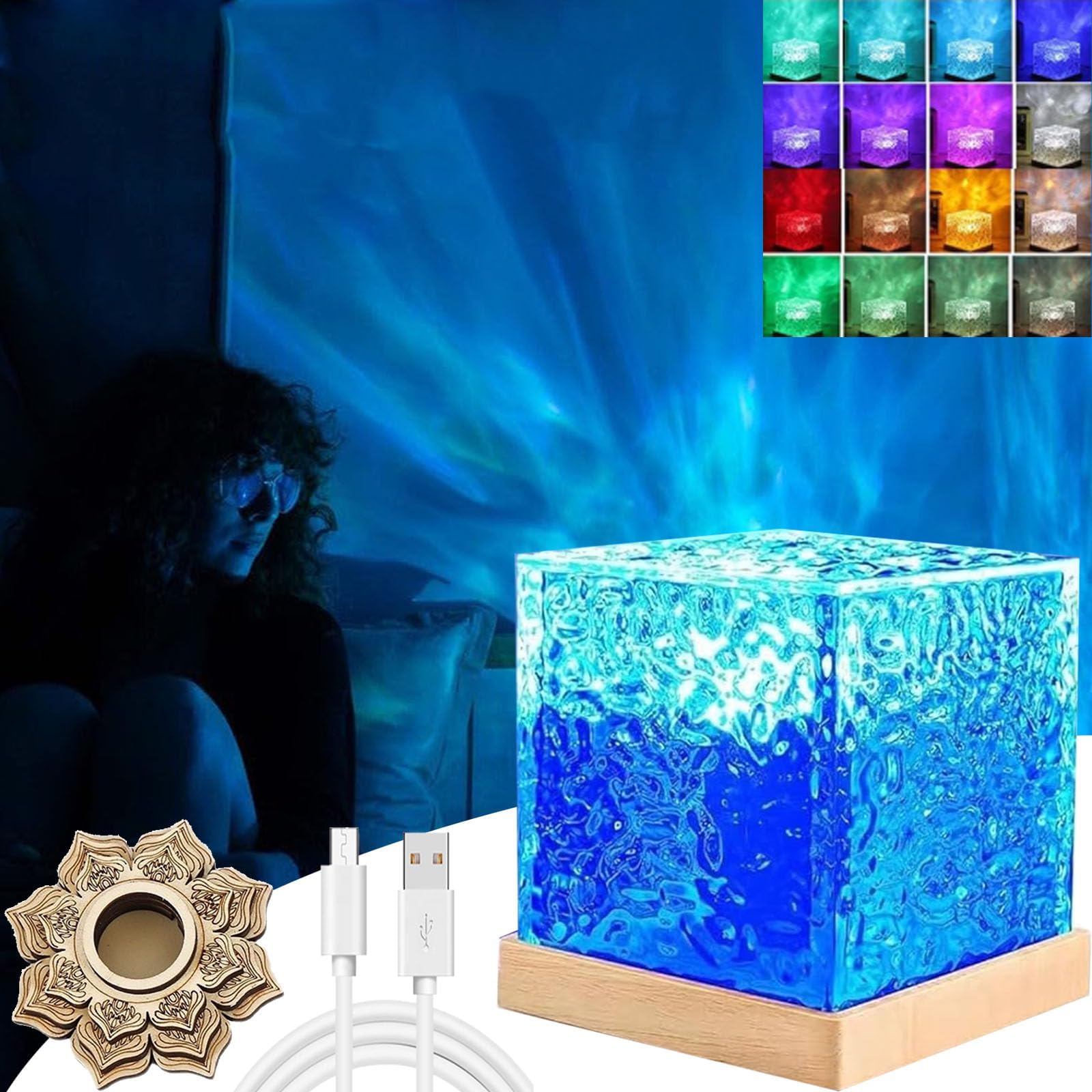 Magical Northern Lights Cube, Aurora Night Light Projector, Northern Lights Lamp with 16 Colors and Aurora Drift Effects for Your Room, Party Bed Room Decoration (Wood Base, Rechargeable)