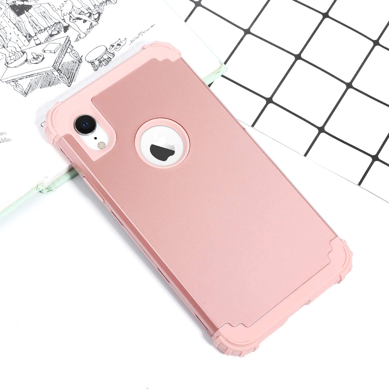 IDweel for iPhone XR Case with Tempered Glass Screen Protector for Women, 3 in 1 Shockproof Slim Hybrid Heavy Duty Hard PC Cover Soft Silicone Bumper Full Body Case, Rose Gold image 3