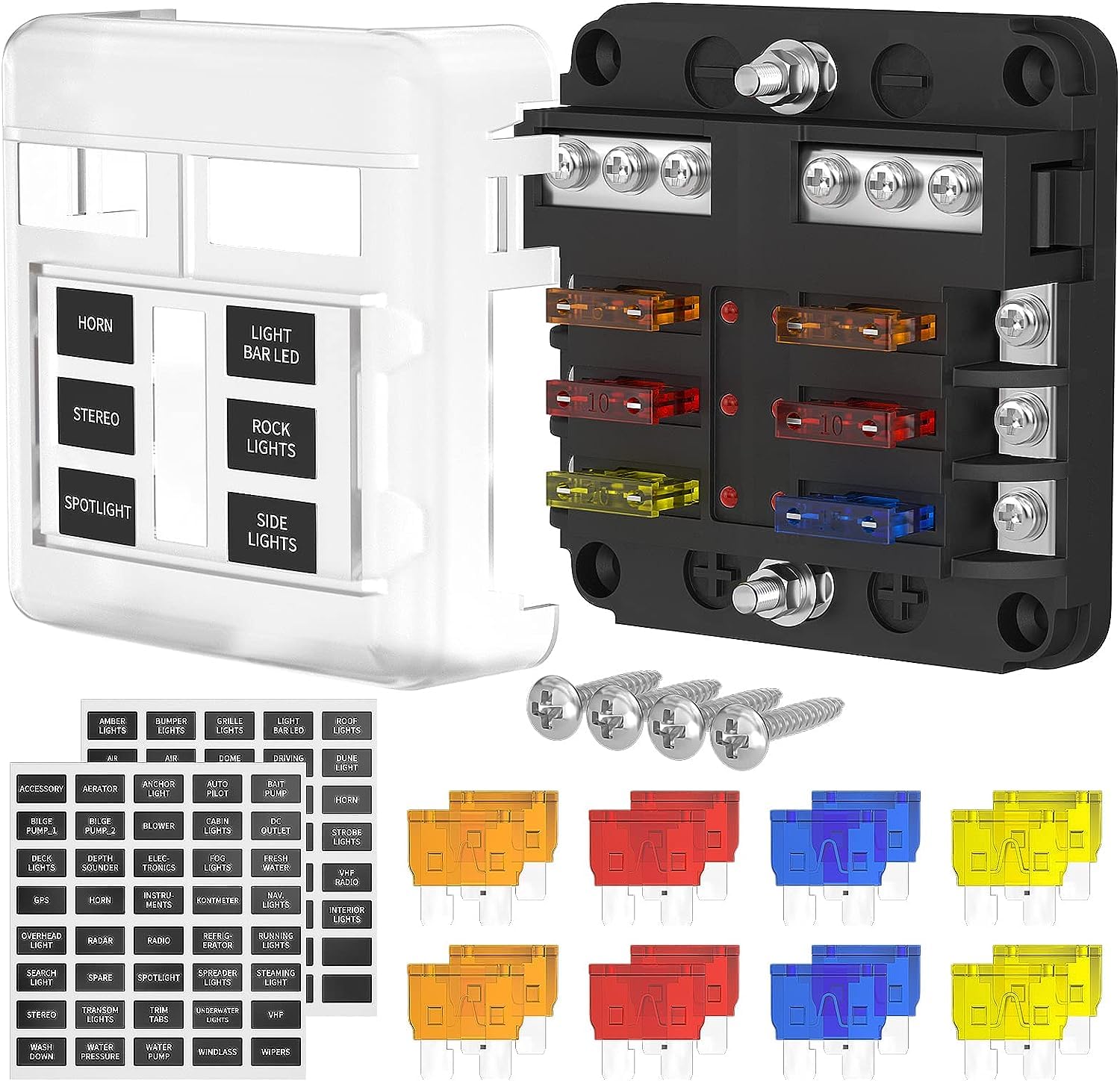 DaierTek 6 Gang Marine Rocker Switch Panel 12 Volt with USB Cigarette Lighter Socket Voltmeter + 12V Fuse Block 6 Way with LED Indicator Light