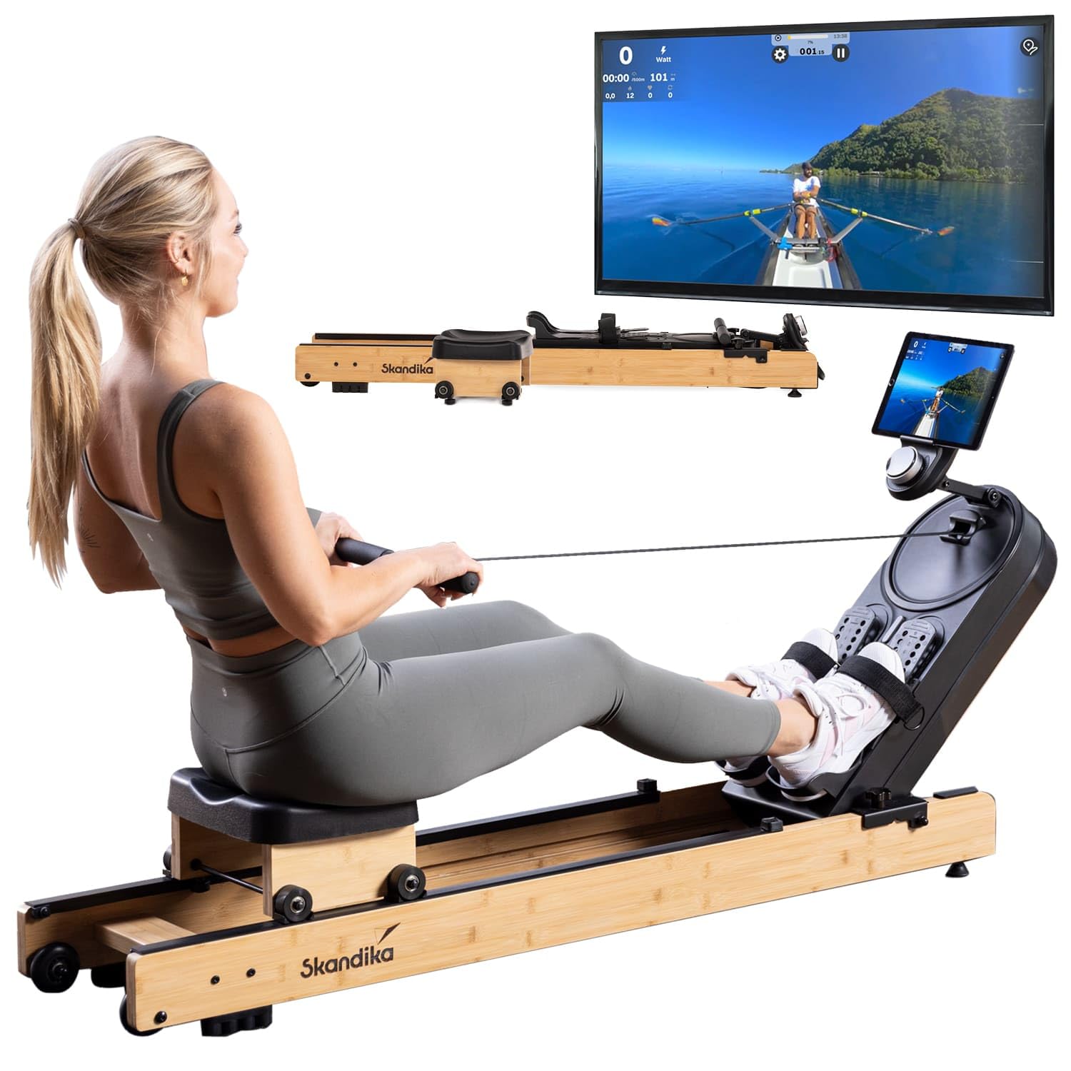 Skandika Rovek Rameur en bois pour la maison, résistance magnétique avec 32 niveaux, système de masse d'inertie de 6 kg, compatible avec application Kinomap, jusqu'à 195 cm
