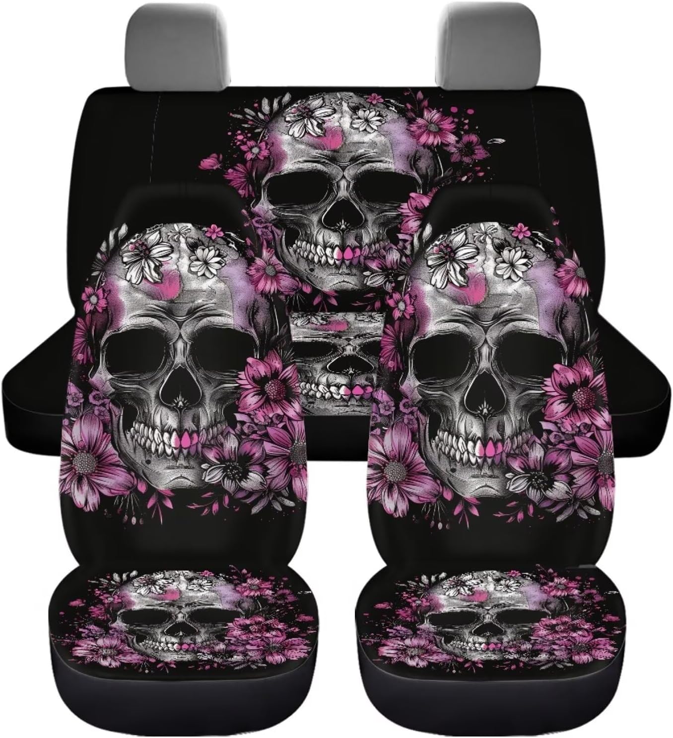 Howilath 4 Pack Car Seat Cover Full Set Gothic Skull Flower Front & Rear Seat Protectors Auto Accessories All Seasons Use