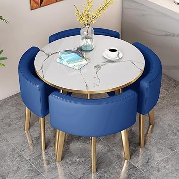 Round Dining Table Set for 4, Office Reception Table and Chair Combination, Leisure Kitchen Table and Chairs, Space-Saving Furniture Conference Tables1 Table& 4 Chairs, Blue