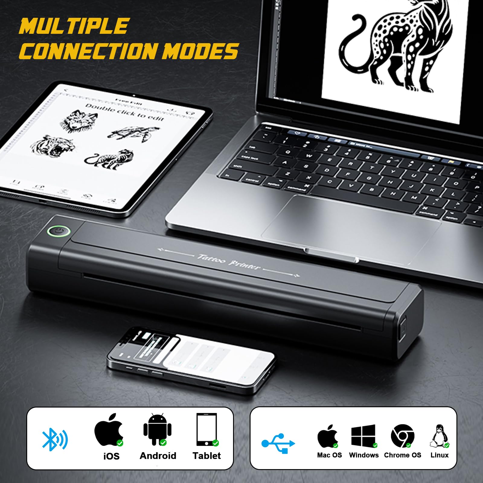 Stampante per stencil per tatuaggi, Bluetooth, con 10 fogli di carta di trasferimento, portatile, 203 dpi, ad alta risoluzione, per principianti e artisti, compatibile con smartphone e PC
