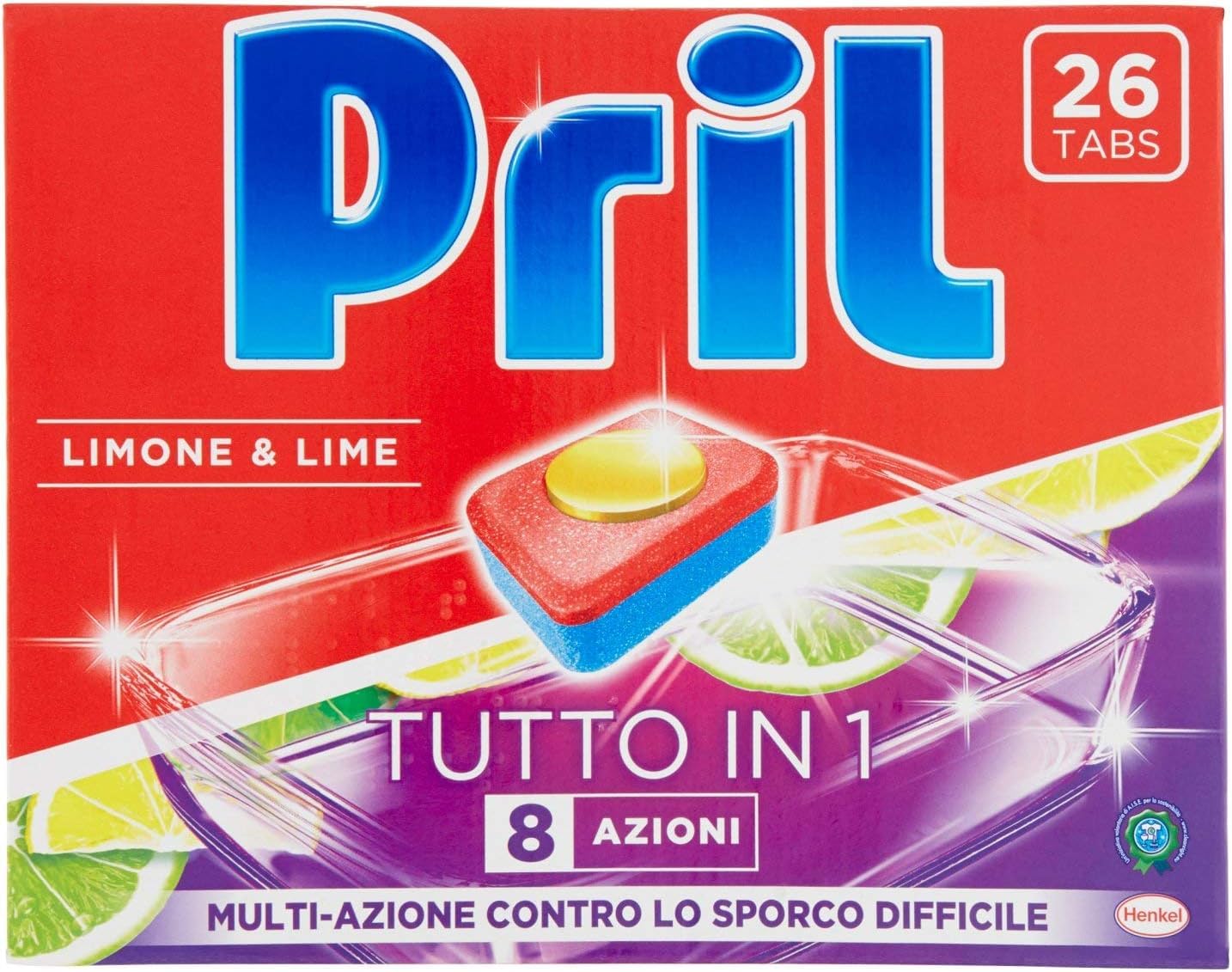 Pril - Detergente completo todo en 1 limón y lima, pastillas para lavavajillas, detergente completo ya a 40°, 8 acciones, 7 x 26 pastillas + Polpa italiana Gourmet 400 g