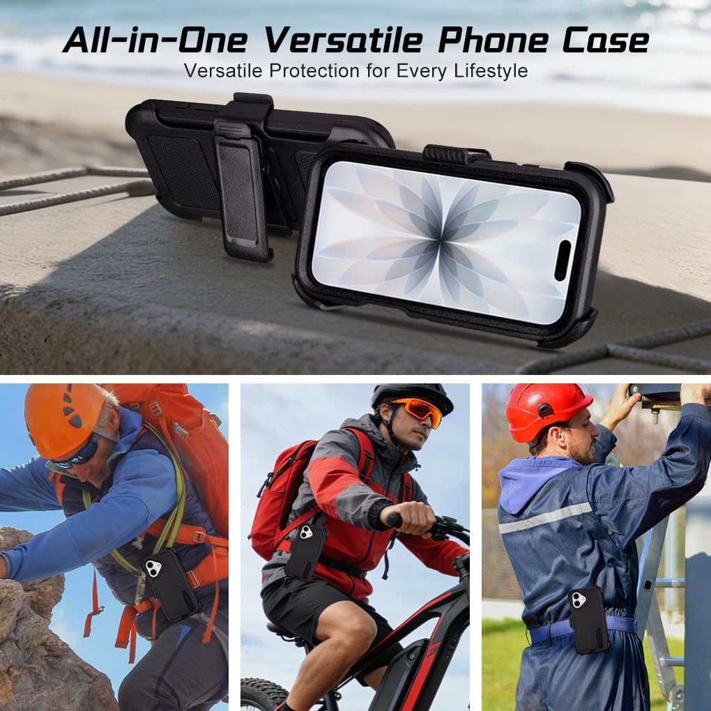 for Case iPhone 17 Case with Belt Clip Holster, Heavy Duty Protective Phone Cases for Work & Outdoor, Military-Grade Shockproof Cover with Kickstand, Dustproof Port Protection Clip (Black)